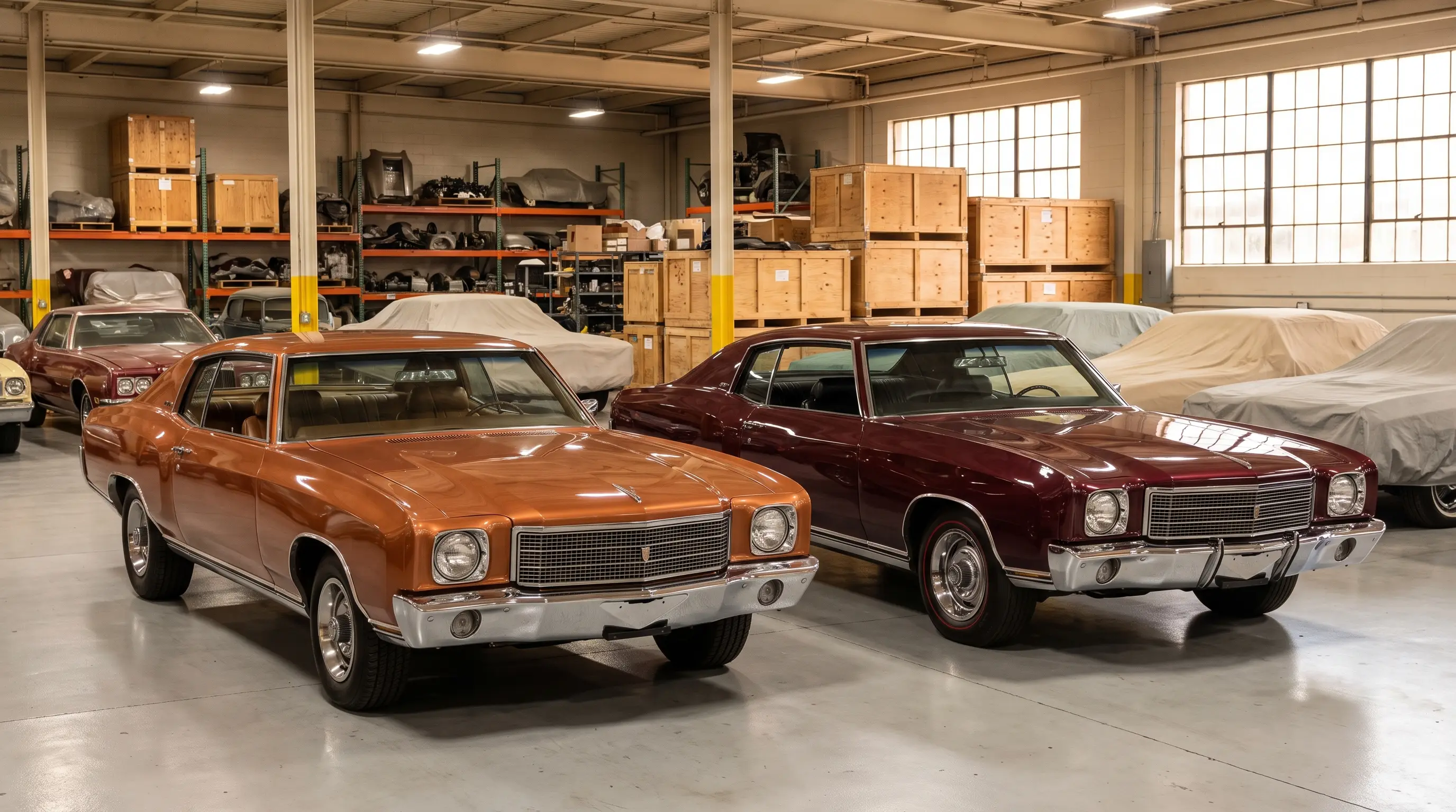 Copper 1971 Monte Carlo parked beside a burgundy 1970 Monte Carlo in a collector warehouse