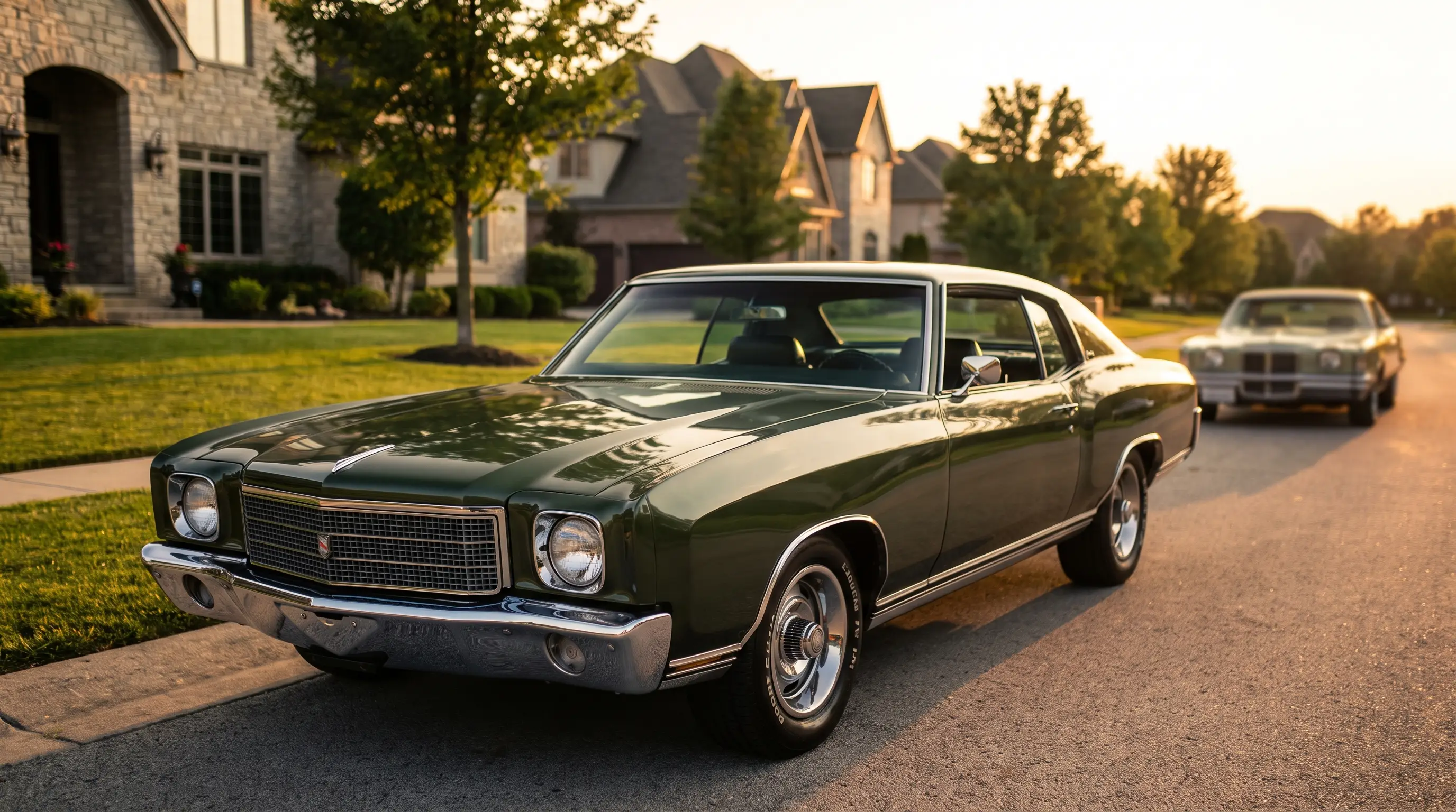 1971 Chevrolet Monte Carlo in dark green on a quiet upscale street at golden hour