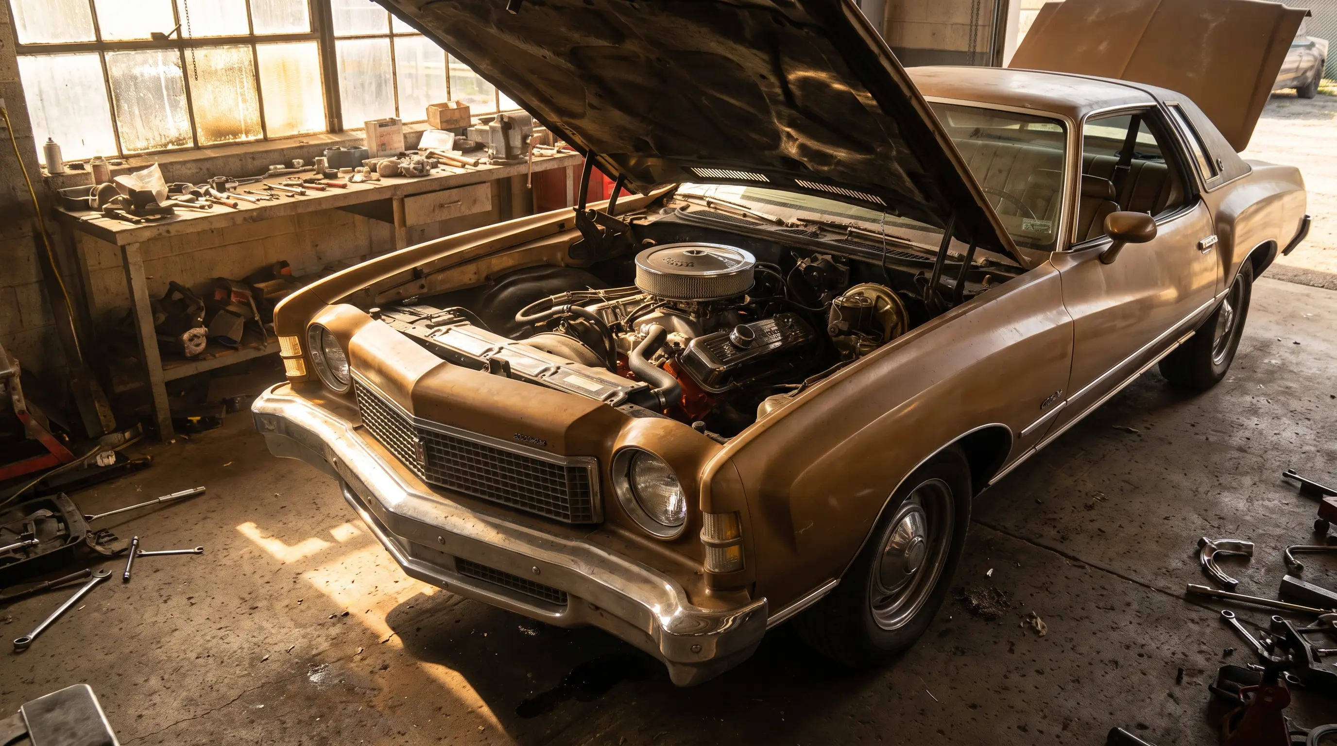 Open hood revealing the 454 big block V8 of a 1973 Chevrolet Monte Carlo in a garage