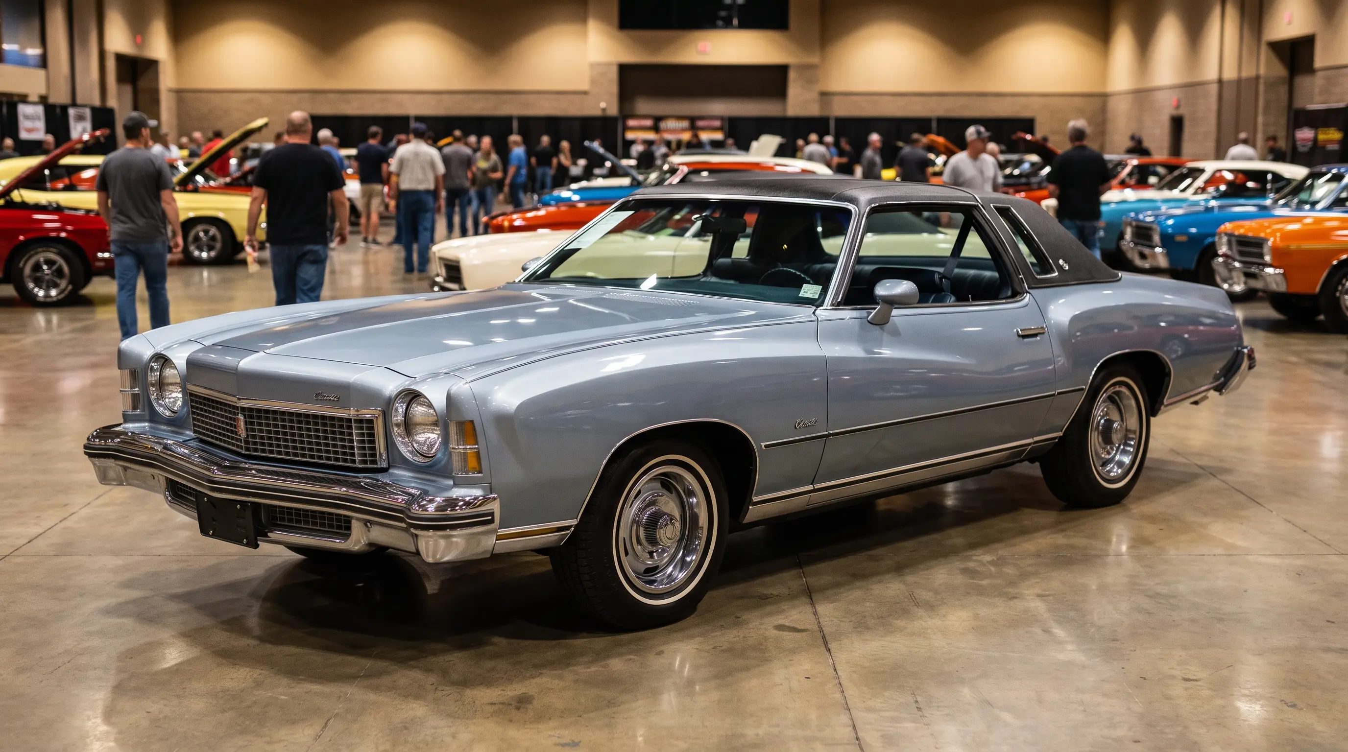 Silver blue 1973 Monte Carlo Colonnade coupe at a collector car auction preview