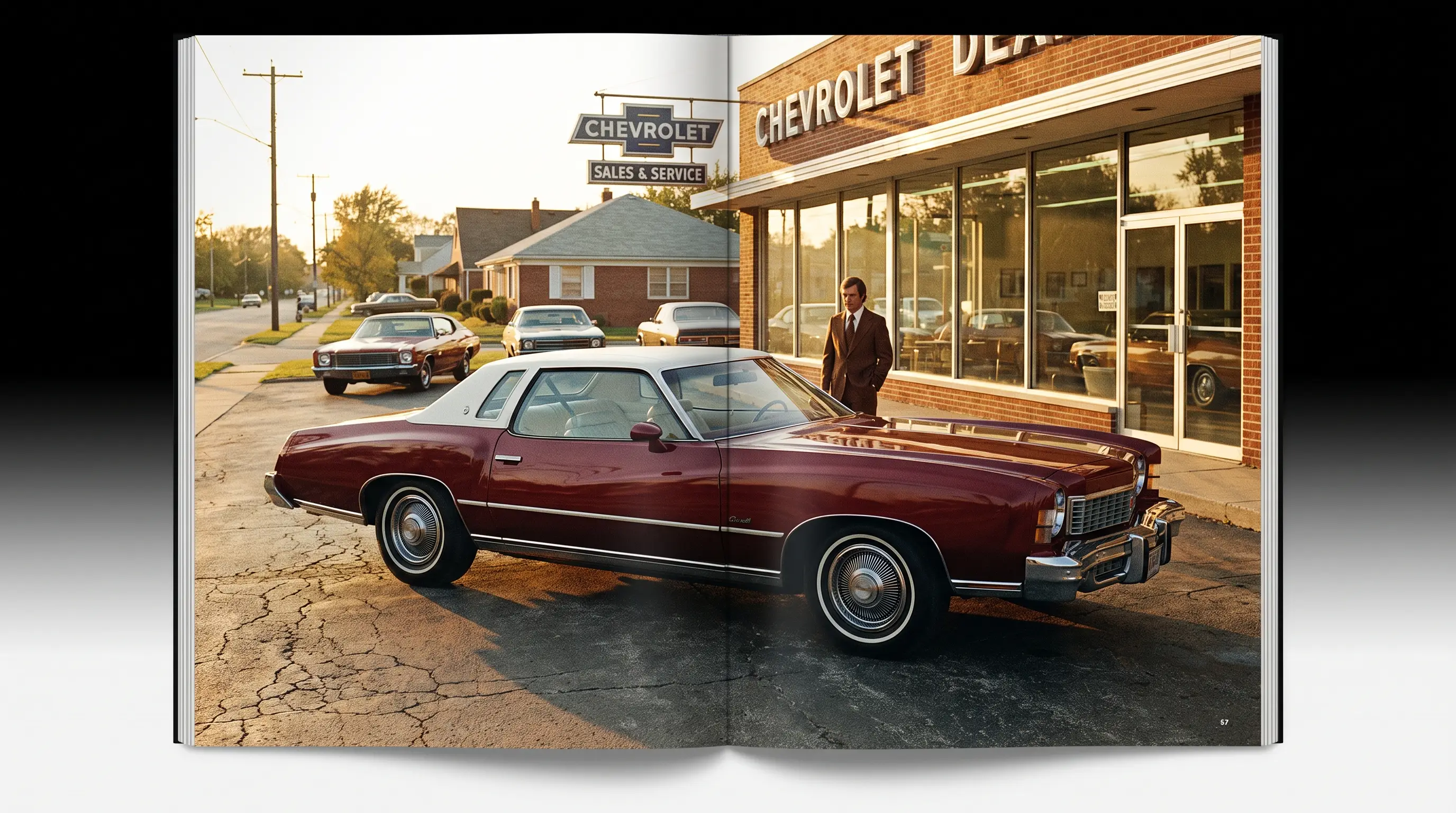 Dark cherry red 1973 Monte Carlo with white vinyl roof outside a 1970s Chevrolet dealership