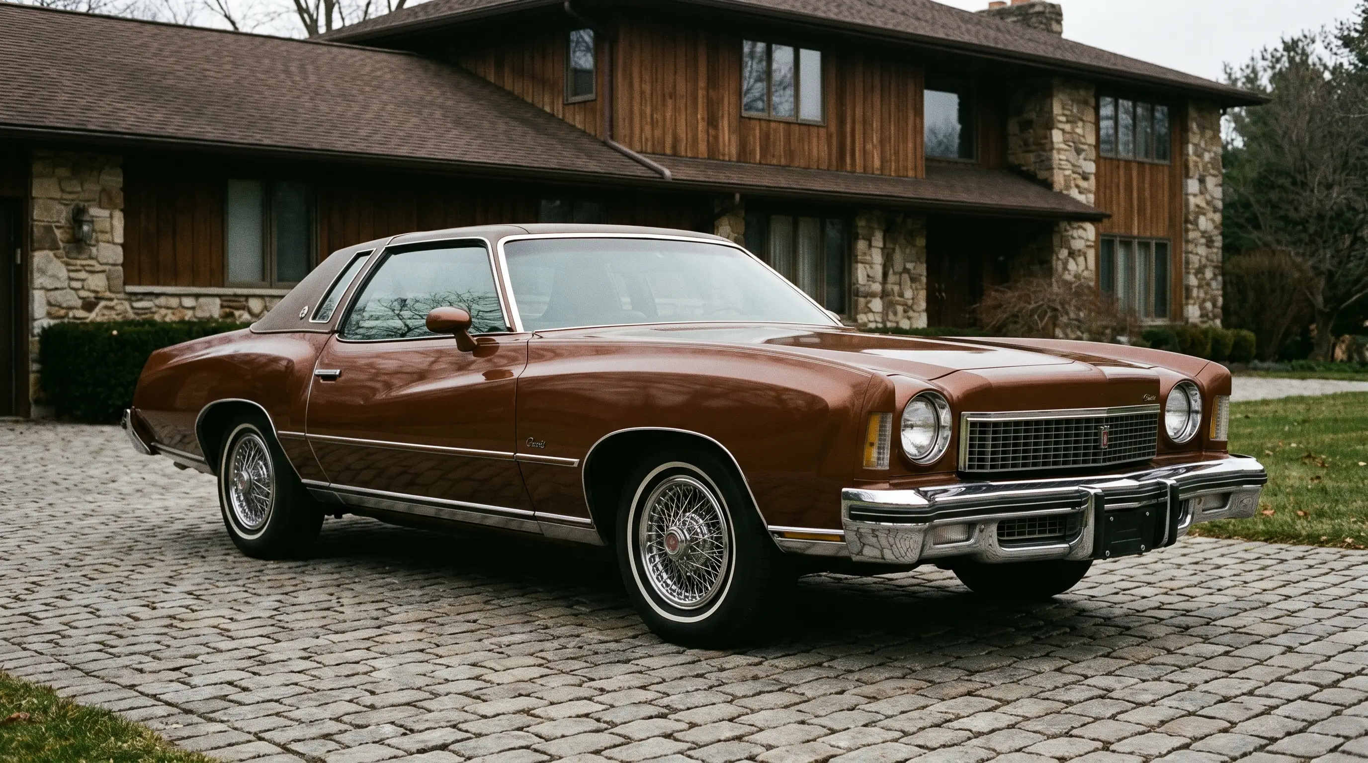 1973 Chevrolet Monte Carlo Landau with vinyl roof parked outside an upscale seventies home