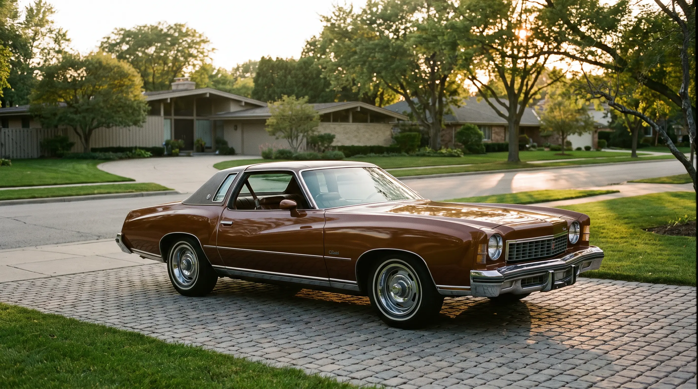 1973 Chevrolet Monte Carlo Colonnade coupe in a suburban driveway at golden hour