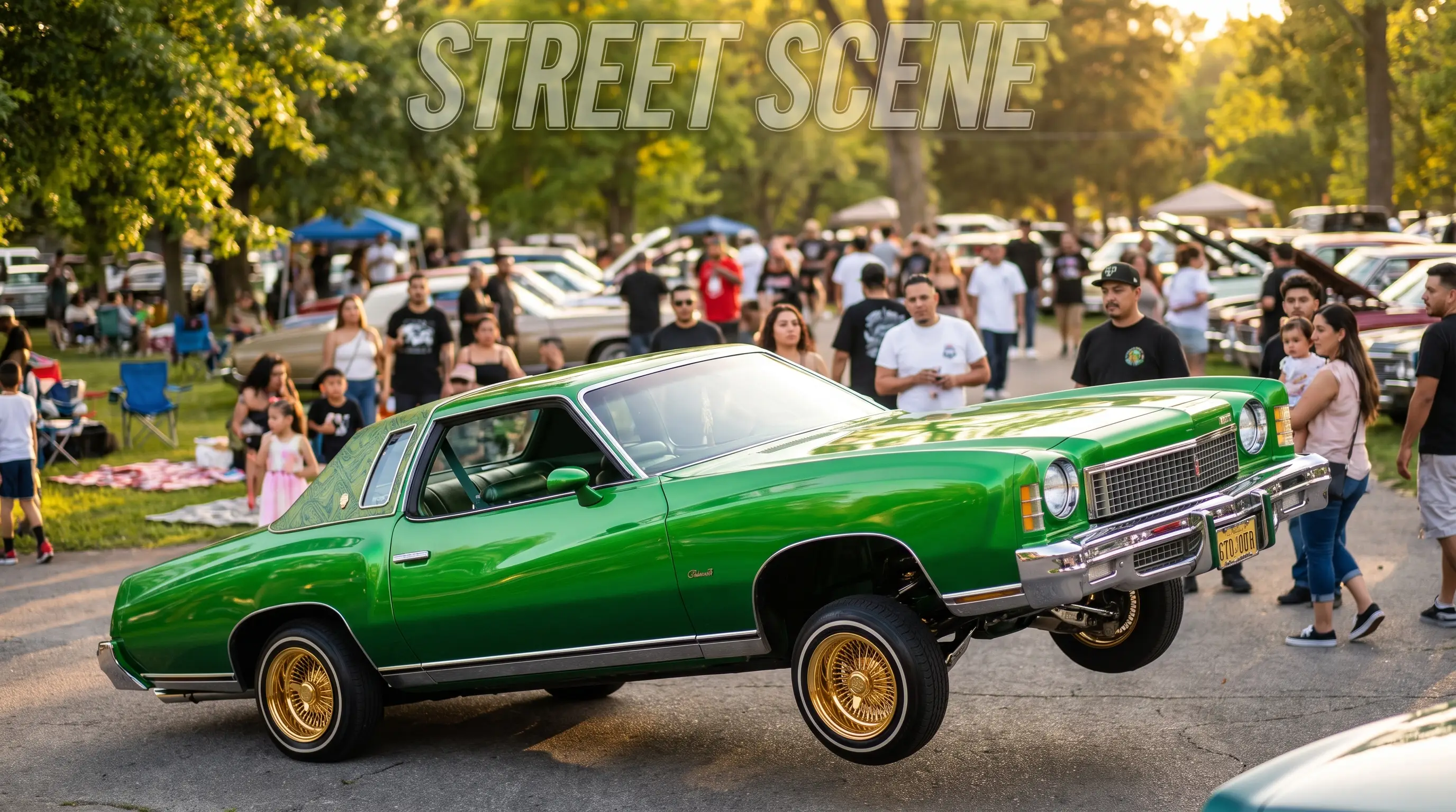 Candy green 1973 Monte Carlo lowrider on gold wire wheels lifted at a park gathering