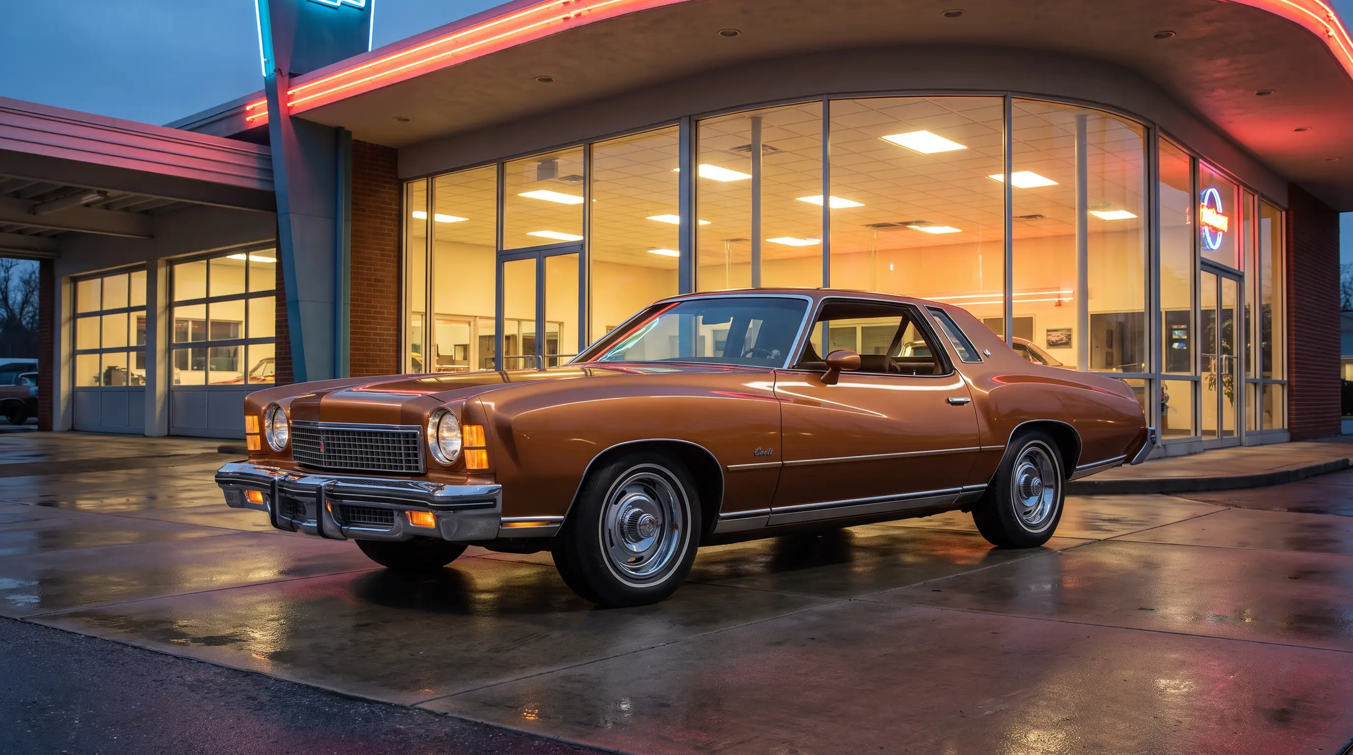 1973 Chevrolet Monte Carlo Colonnade parked outside a mid century showroom