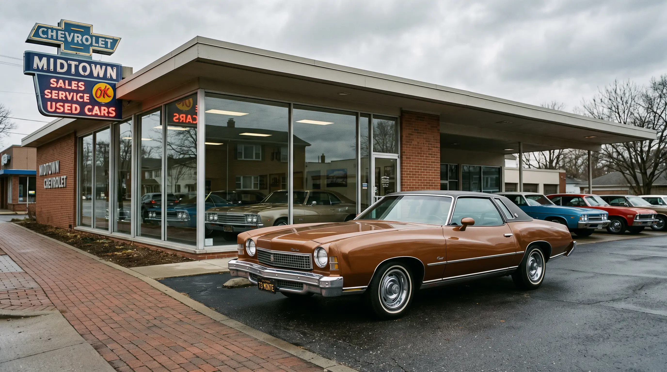 1973 Monte Carlo parked outside a vintage car dealership storefront