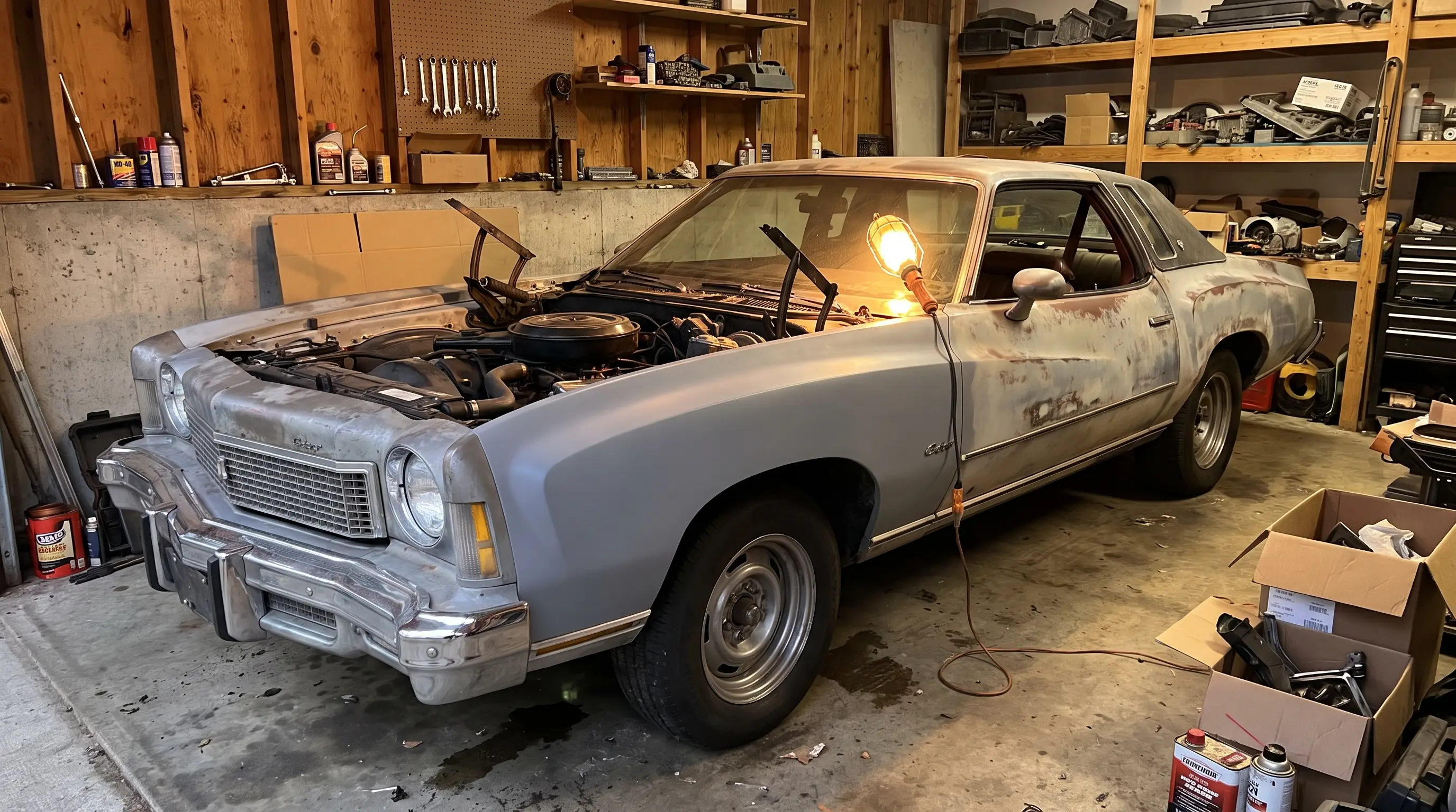 1973 Monte Carlo mid restoration with primer fender in a home garage workshop