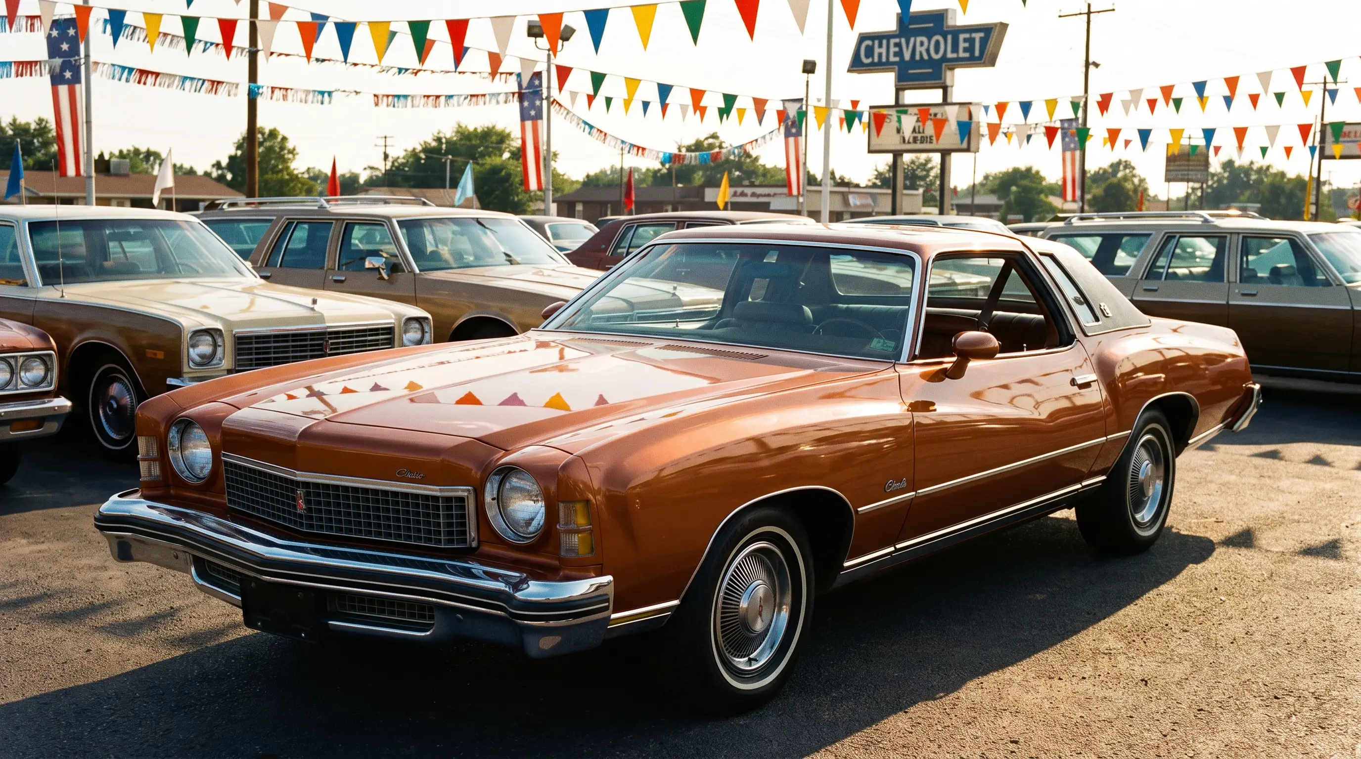 Copper 1973 Chevrolet Monte Carlo Colonnade at a busy dealership lot with pennant flags