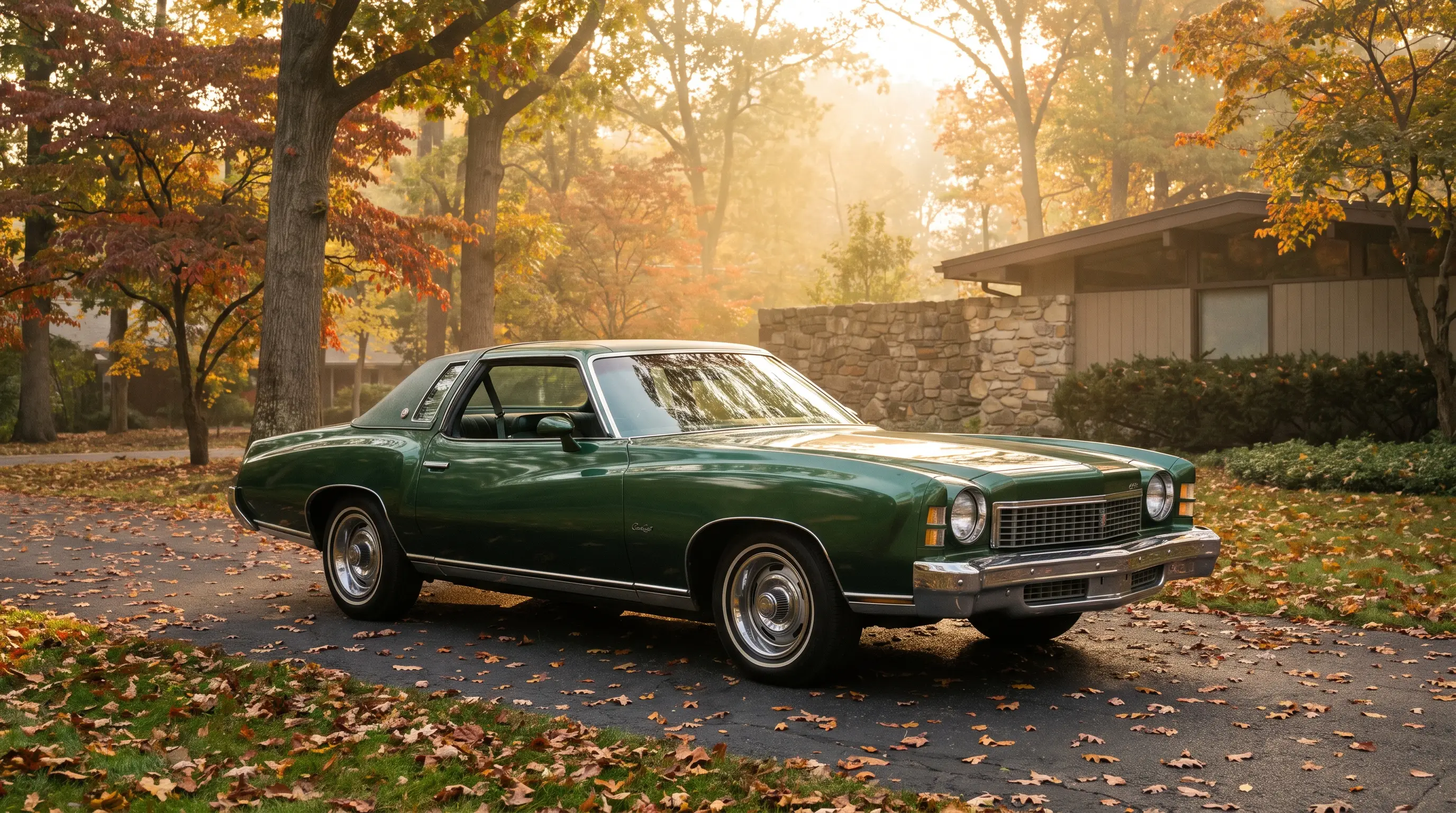 Green 1973 Chevrolet Monte Carlo Colonnade coupe on a suburban driveway in autumn light