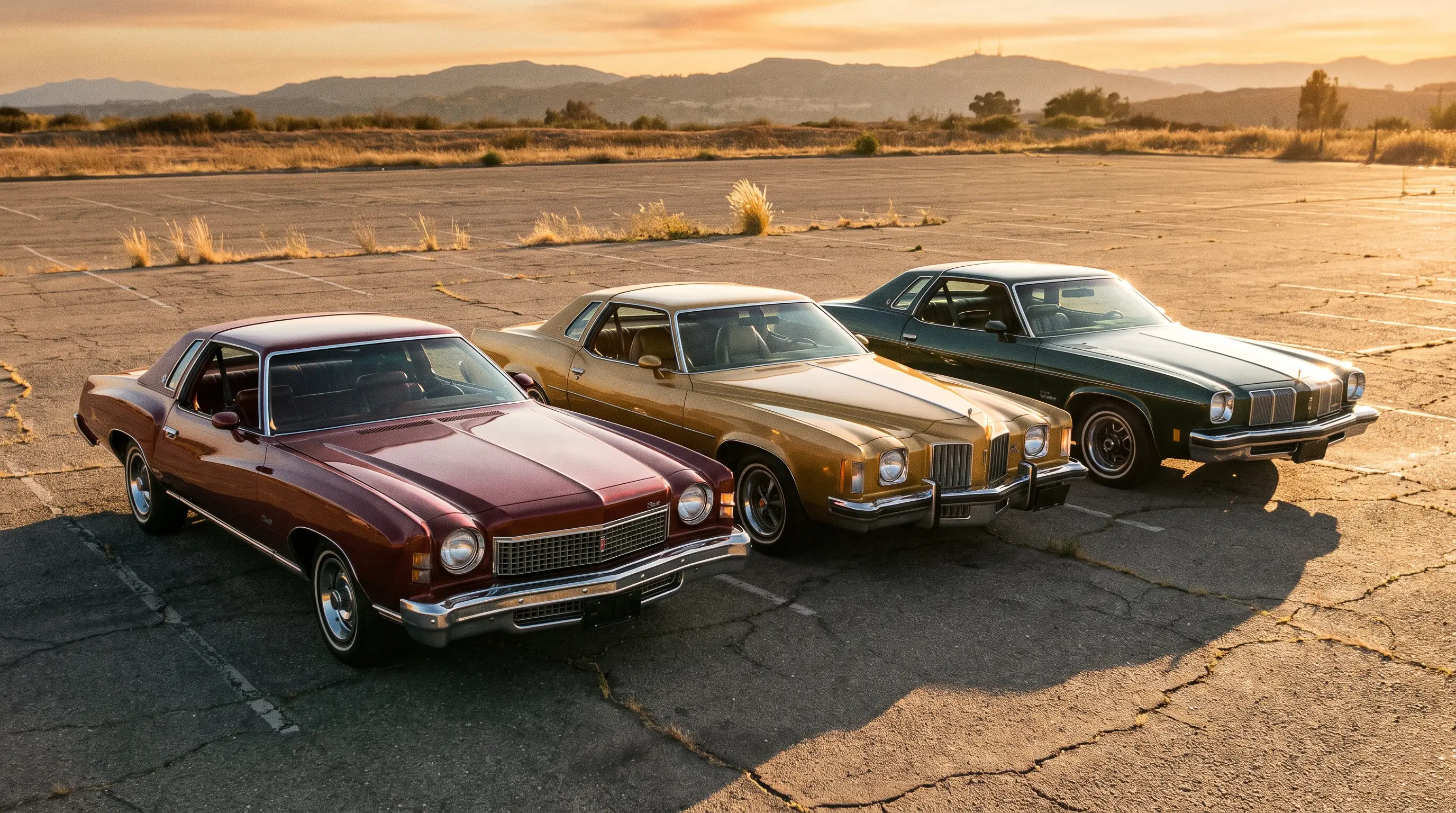 1973 Monte Carlo, Grand Prix and Cutlass Supreme parked side by side in golden light