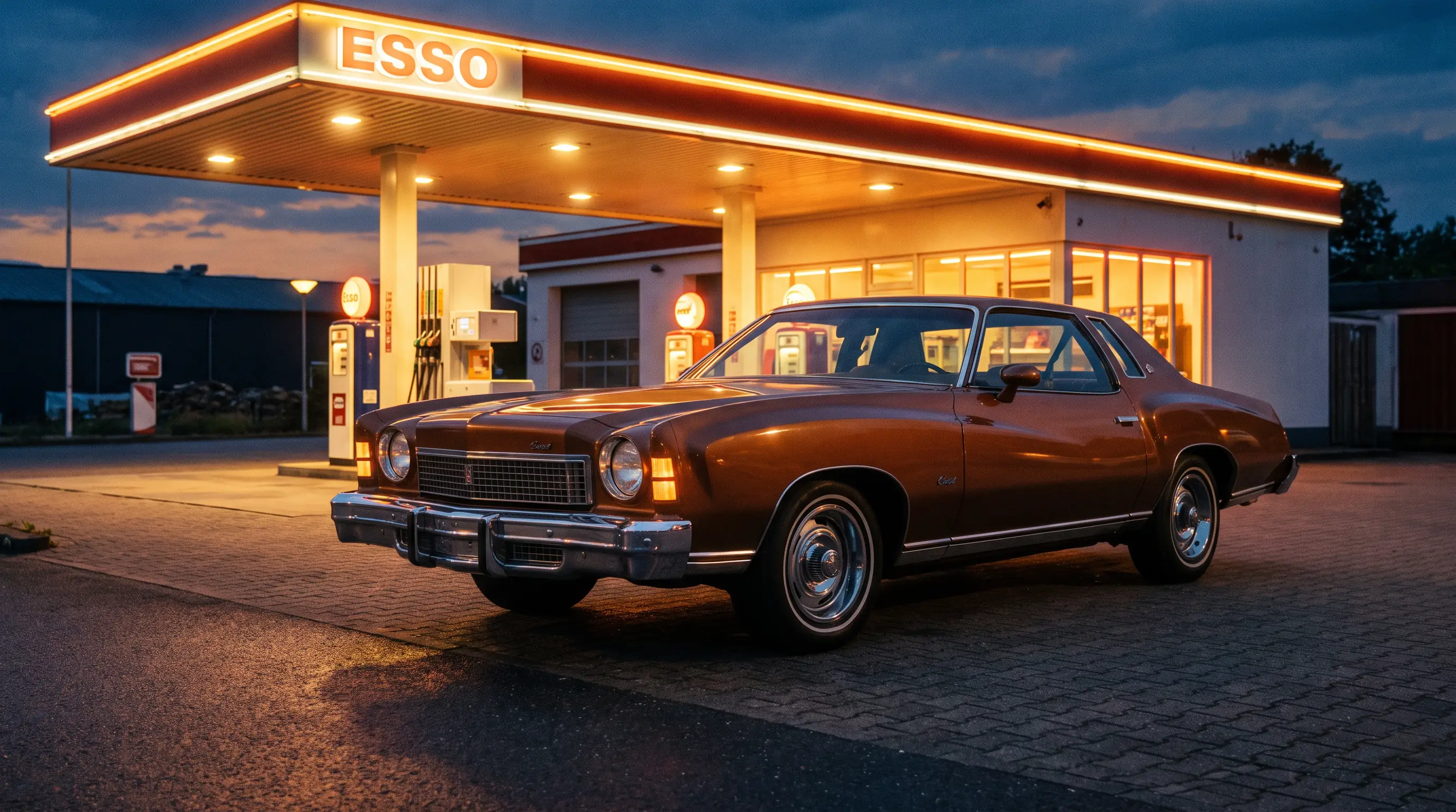 Bronze 1974 Chevrolet Monte Carlo with large bumpers at a dusk gas station