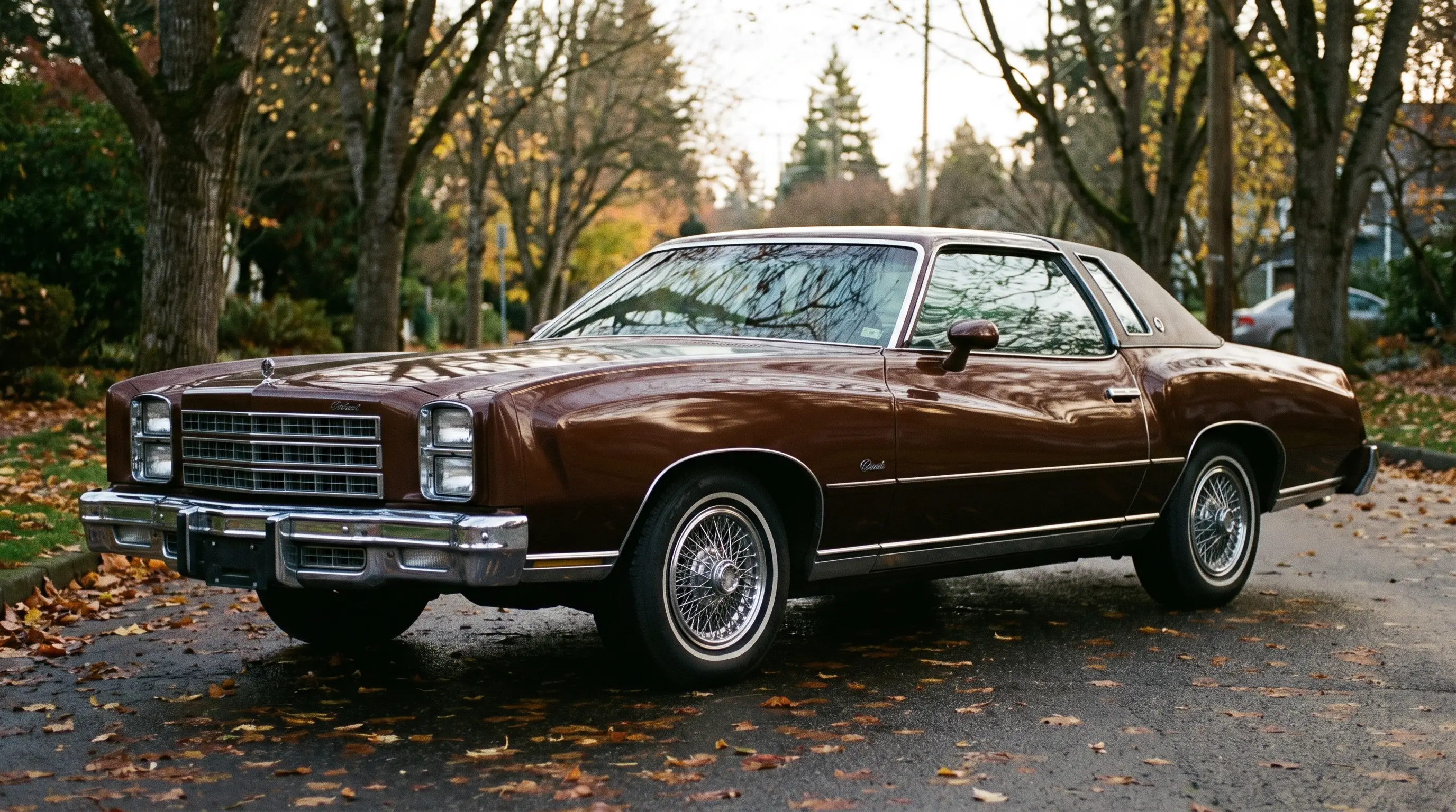 1976 or 1977 Chevrolet Monte Carlo Colonnade coupe on a tree lined autumn street