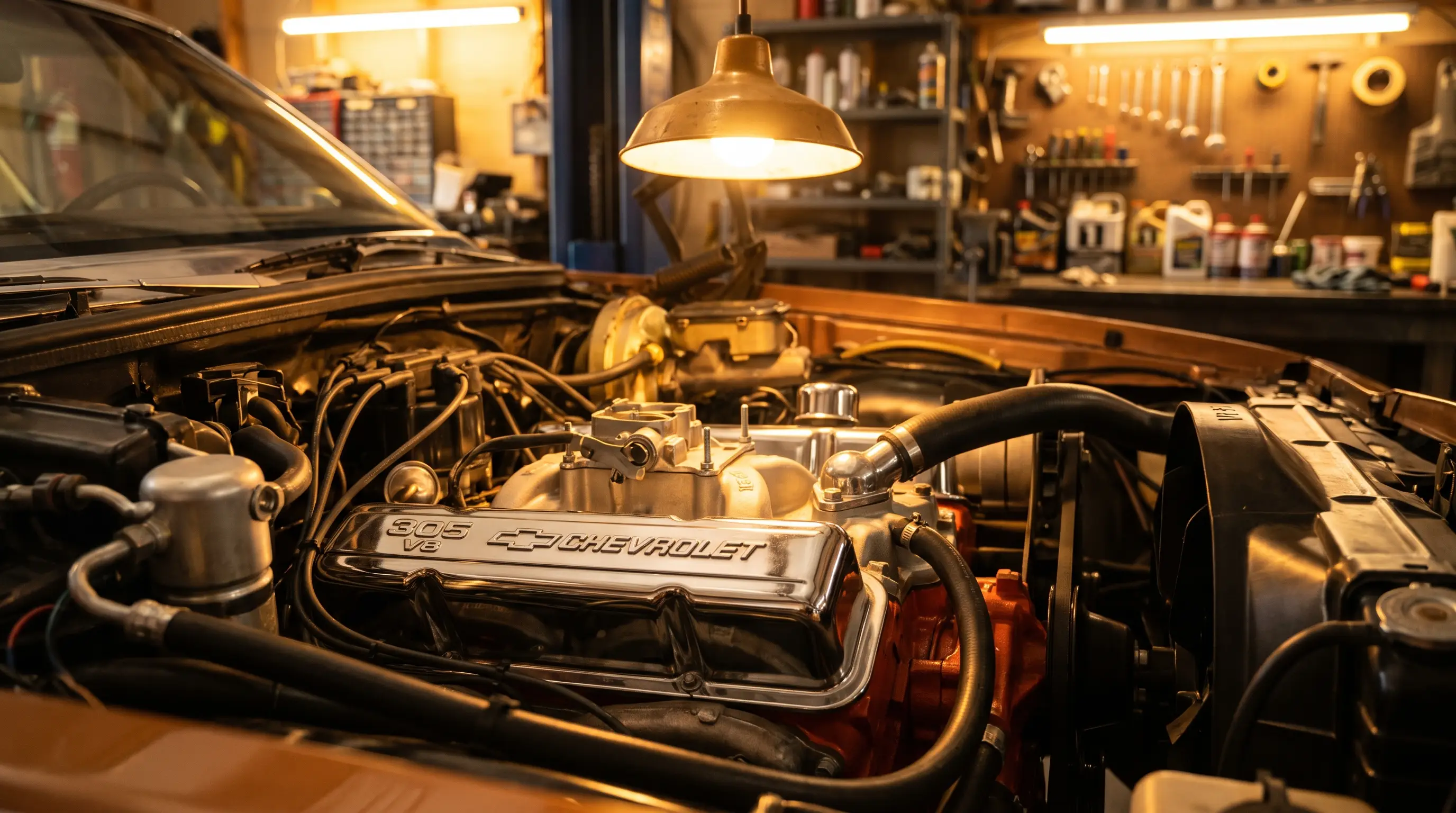 Close-up of a 1978 Chevrolet Monte Carlo small block 305 V8 engine bay in a garage
