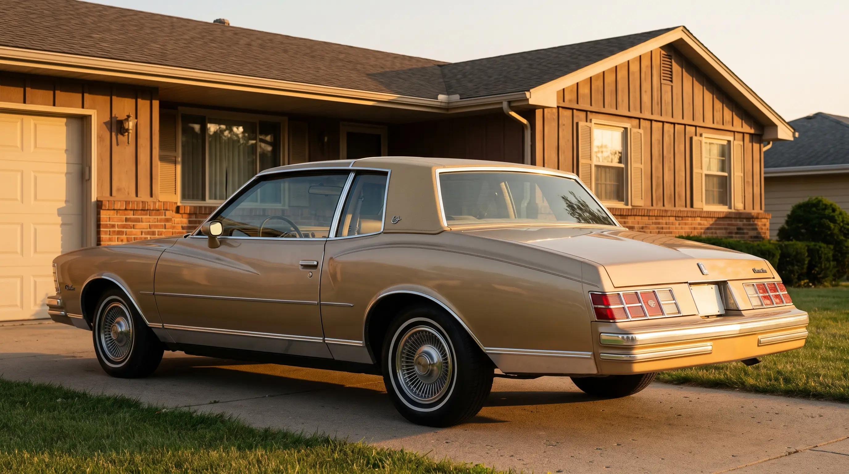 1978 Chevrolet Monte Carlo Landau in gold with vinyl half roof outside a ranch house
