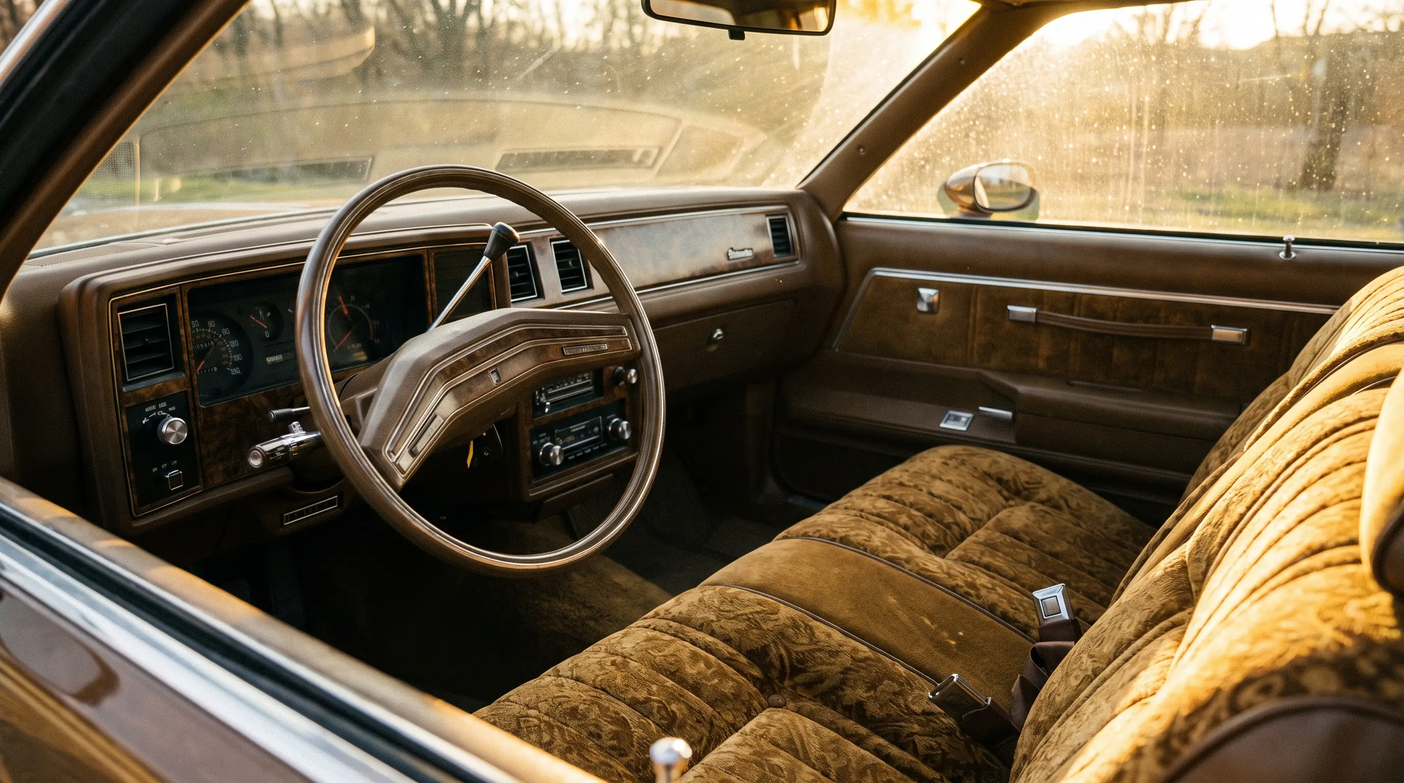 Velour bench seats and chrome dash inside a 1978 Chevy Monte Carlo cabin