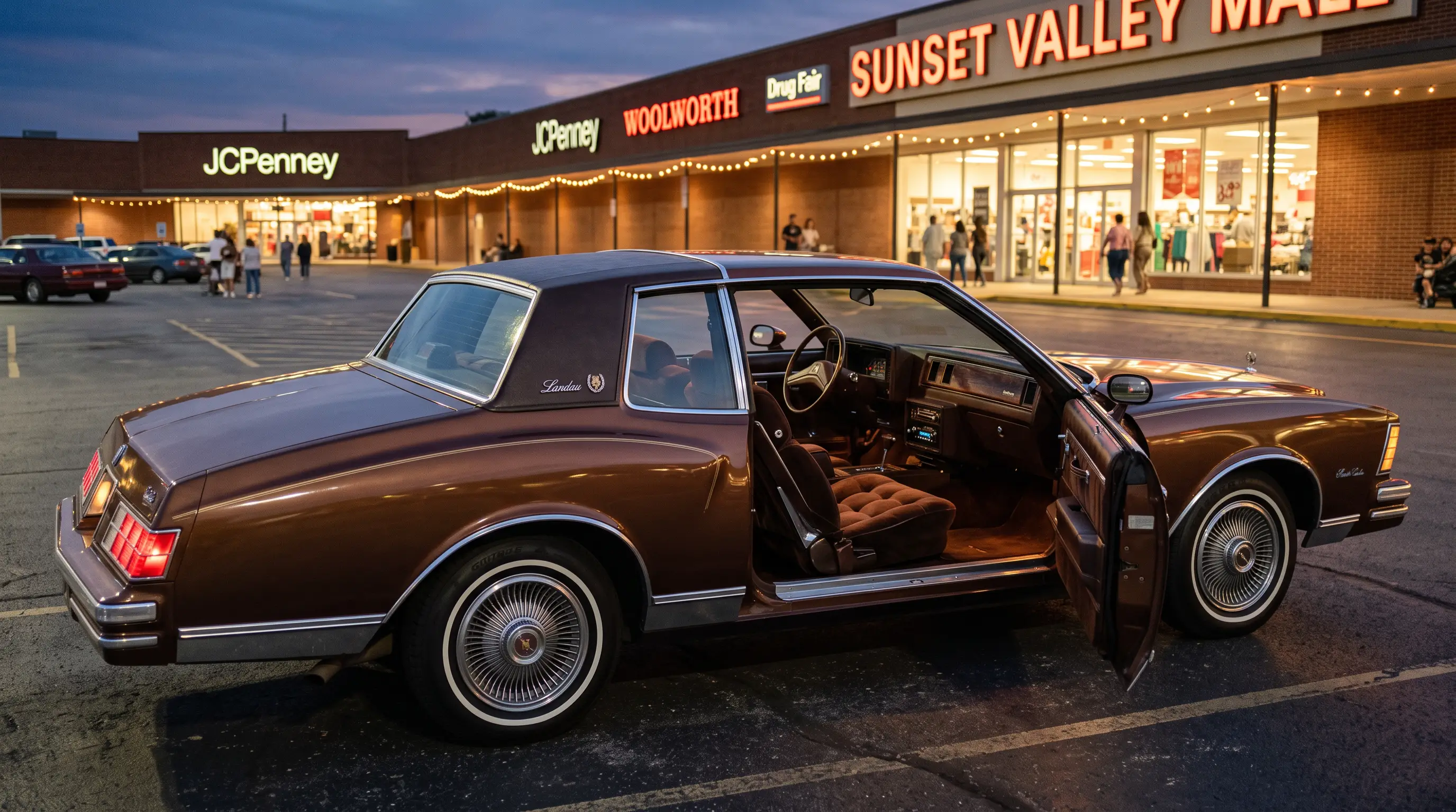 Brown 1978 Chevrolet Monte Carlo Landau parked outside a suburban mall at dusk