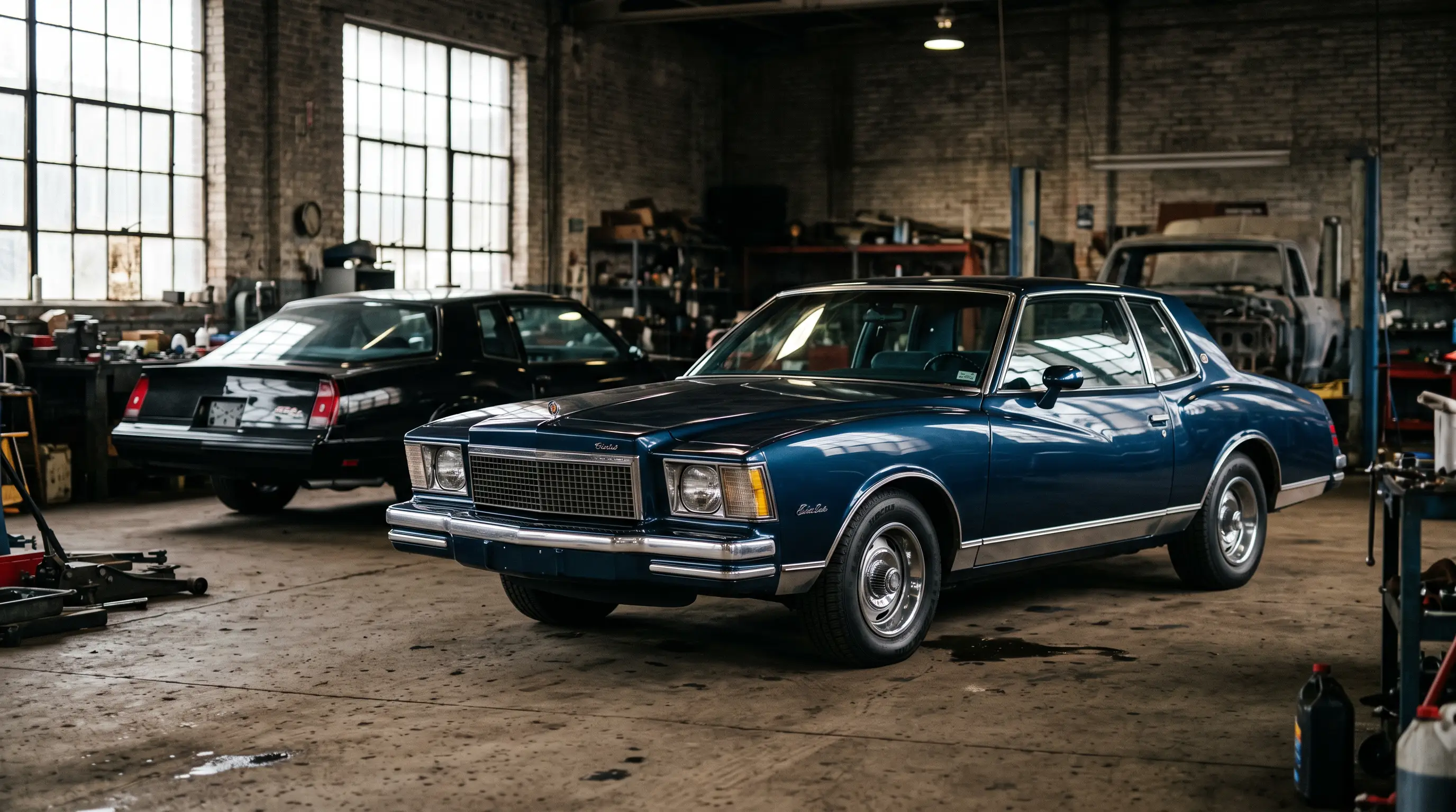 Dark blue 1978 Chevrolet Monte Carlo G body coupe in an industrial garage