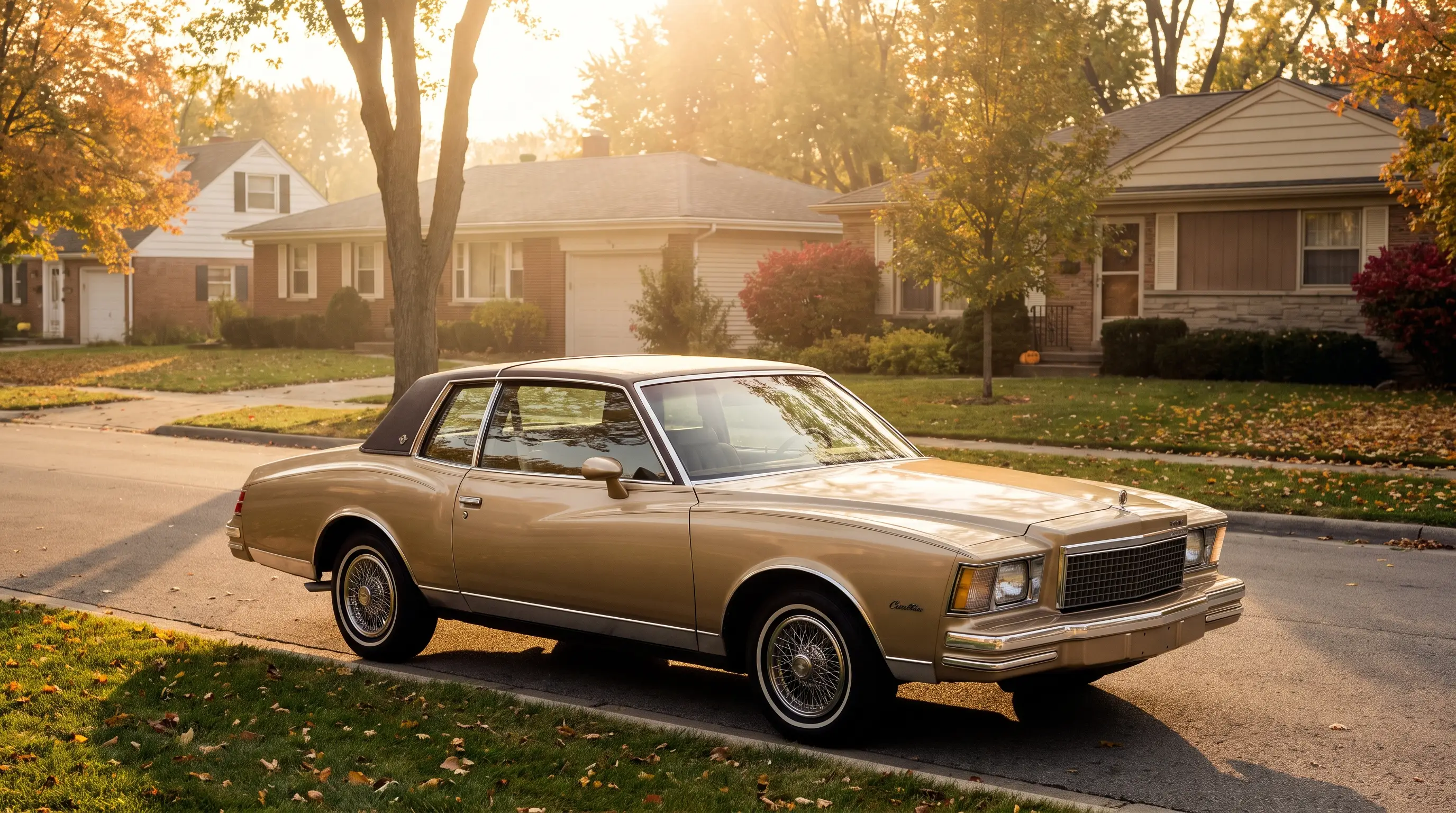 Champagne gold 1978 Chevrolet Monte Carlo with vinyl roof on a suburban street