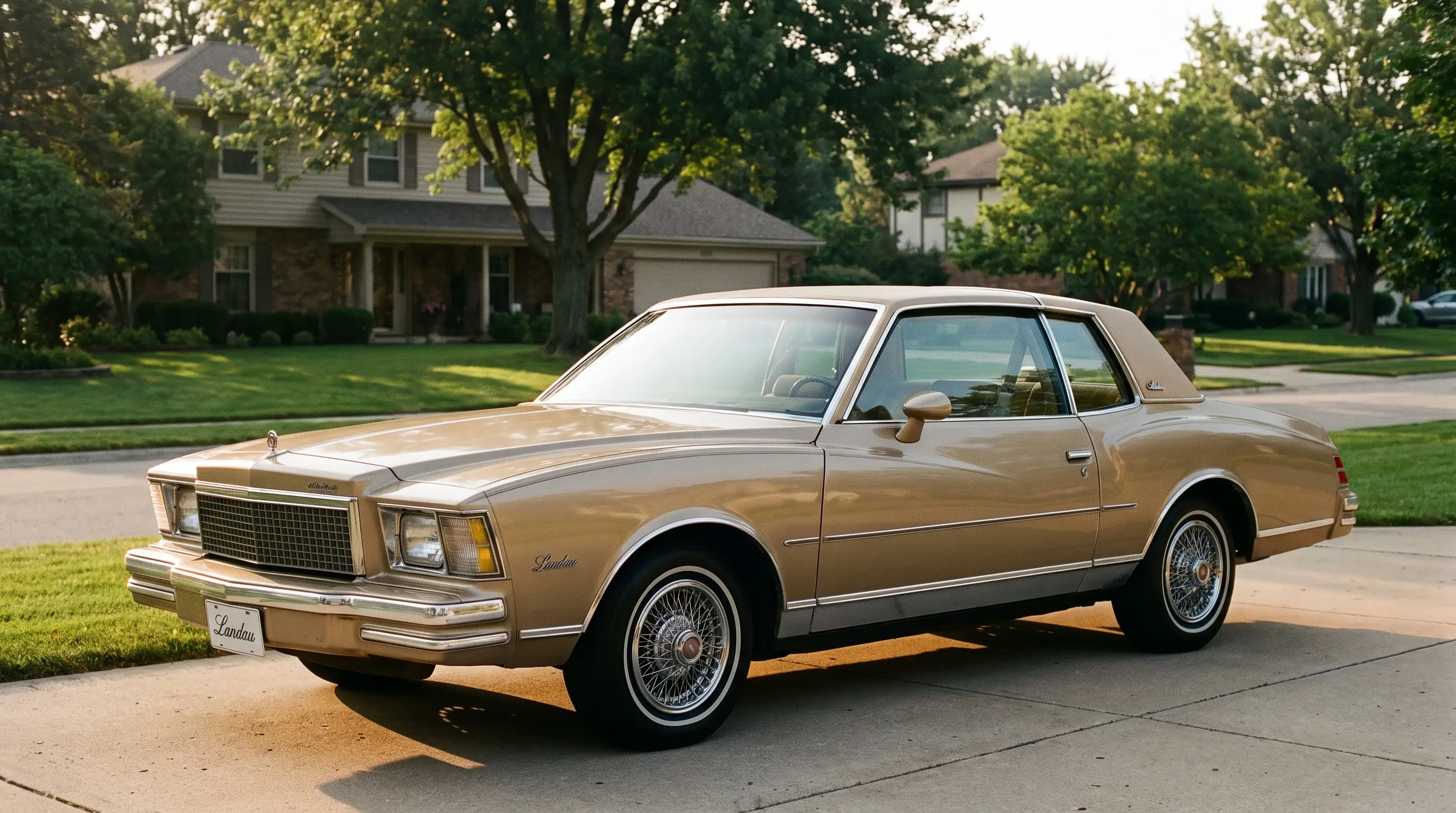Champagne gold 1978 Chevrolet Monte Carlo Landau with formal roofline in a suburban driveway