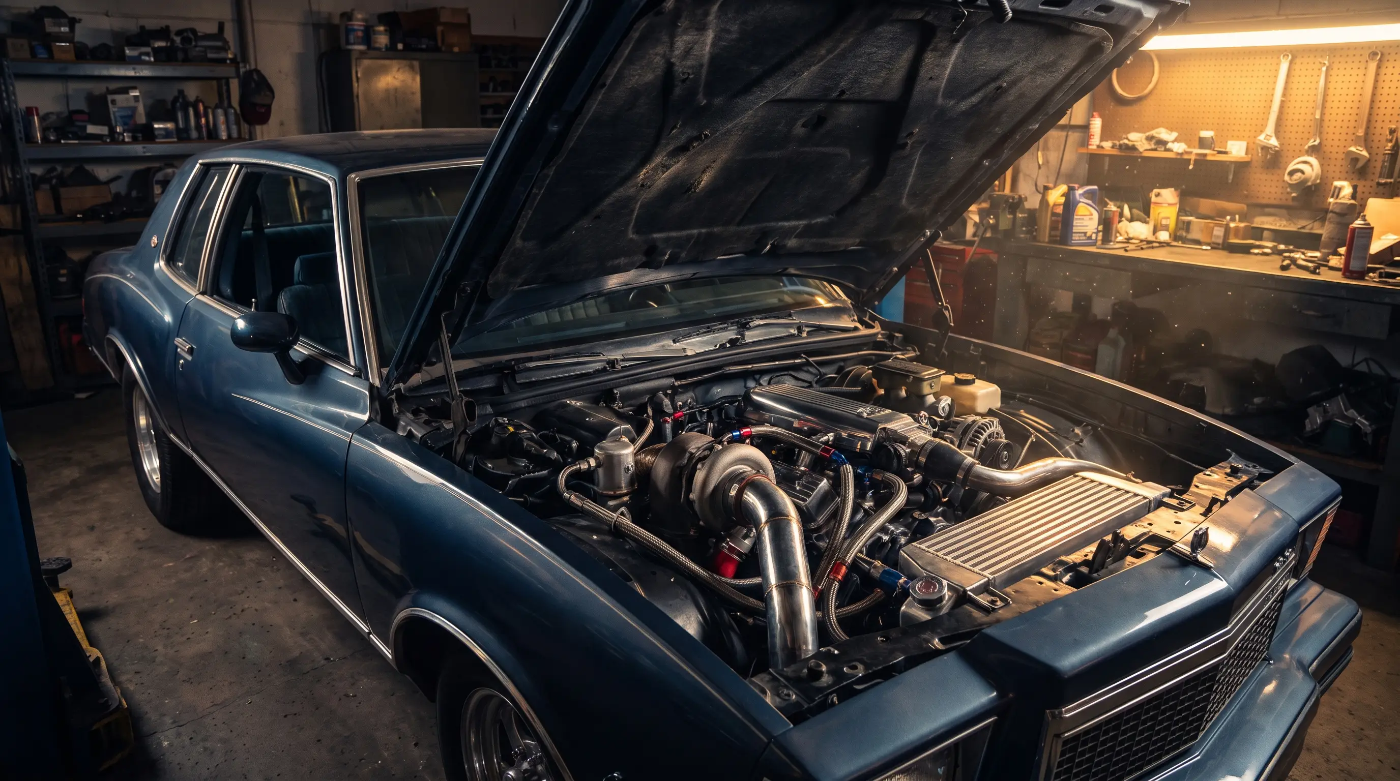 1978 Chevrolet Monte Carlo open hood showing a turbocharged V6 engine in a garage