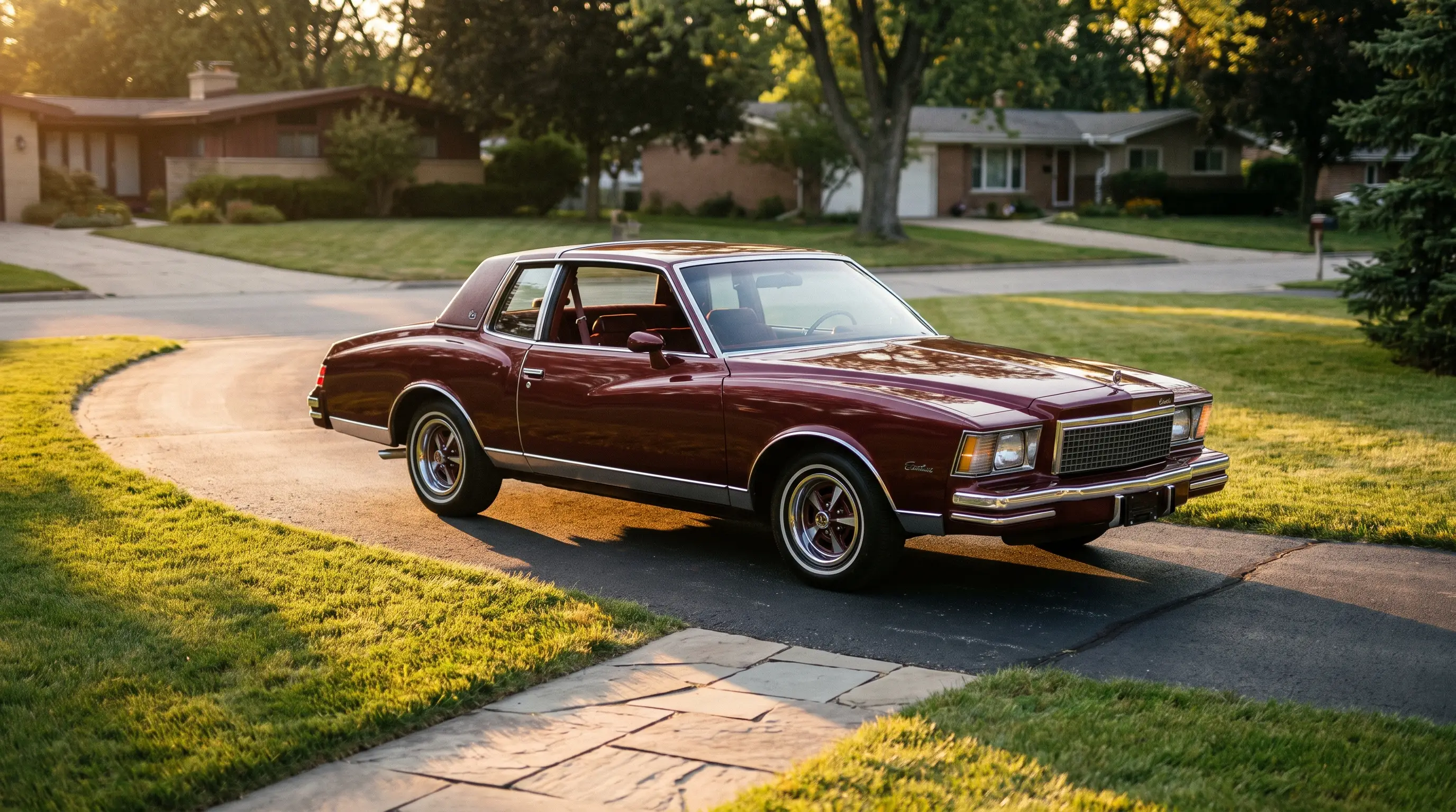 Burgundy 1978 downsized Chevrolet Monte Carlo Landau coupe in a driveway at sunset