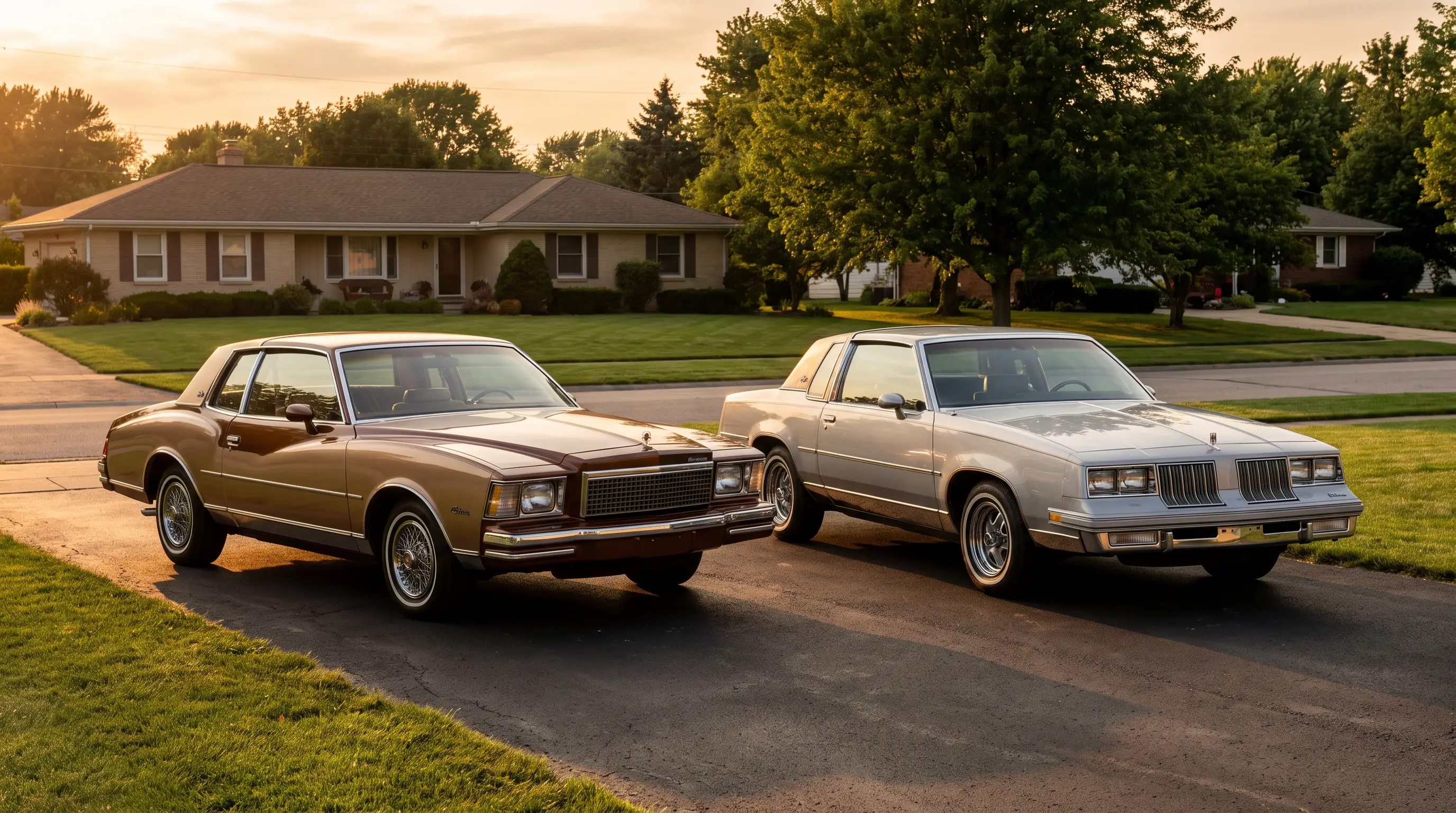 1978 Monte Carlo and Cutlass Supreme parked side by side at golden hour