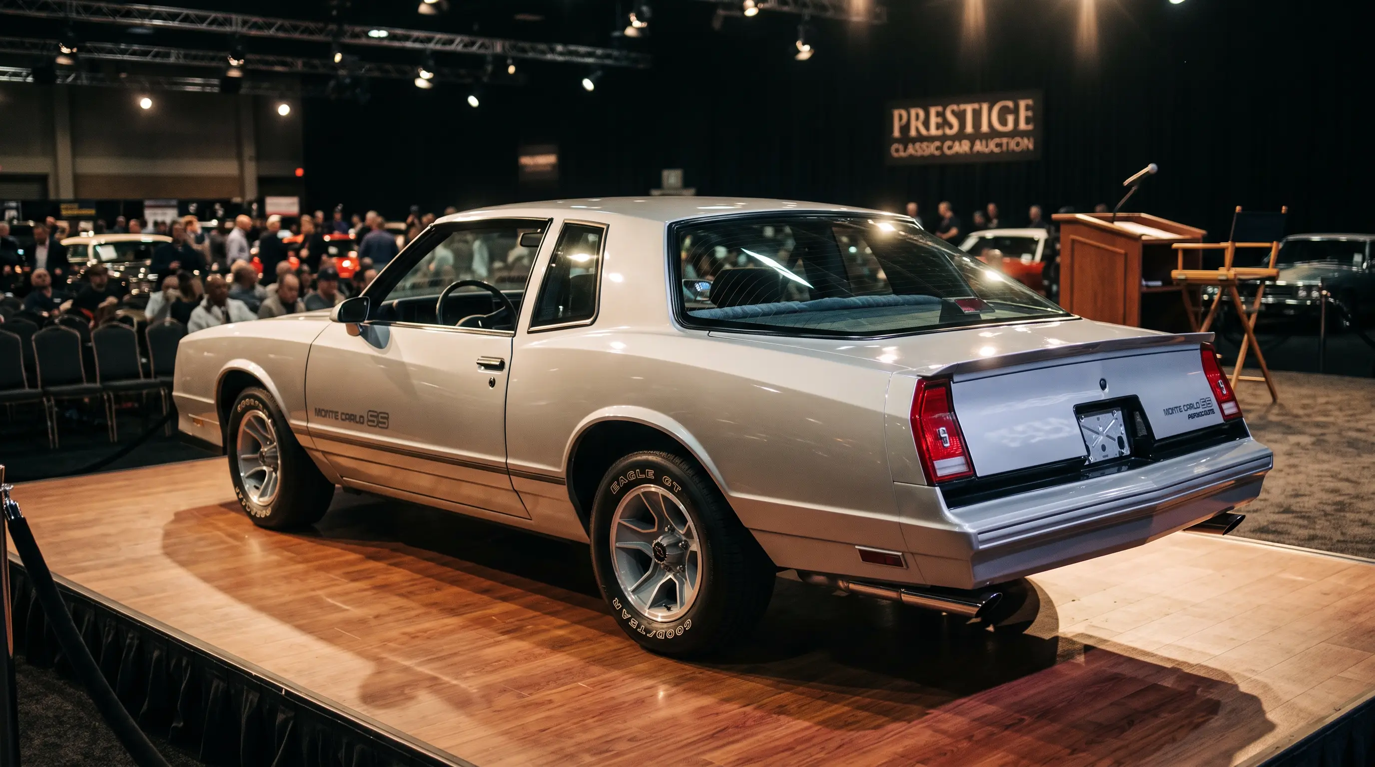 Silver 1986 Monte Carlo SS Aerocoupe with sloped glass on an auction stage