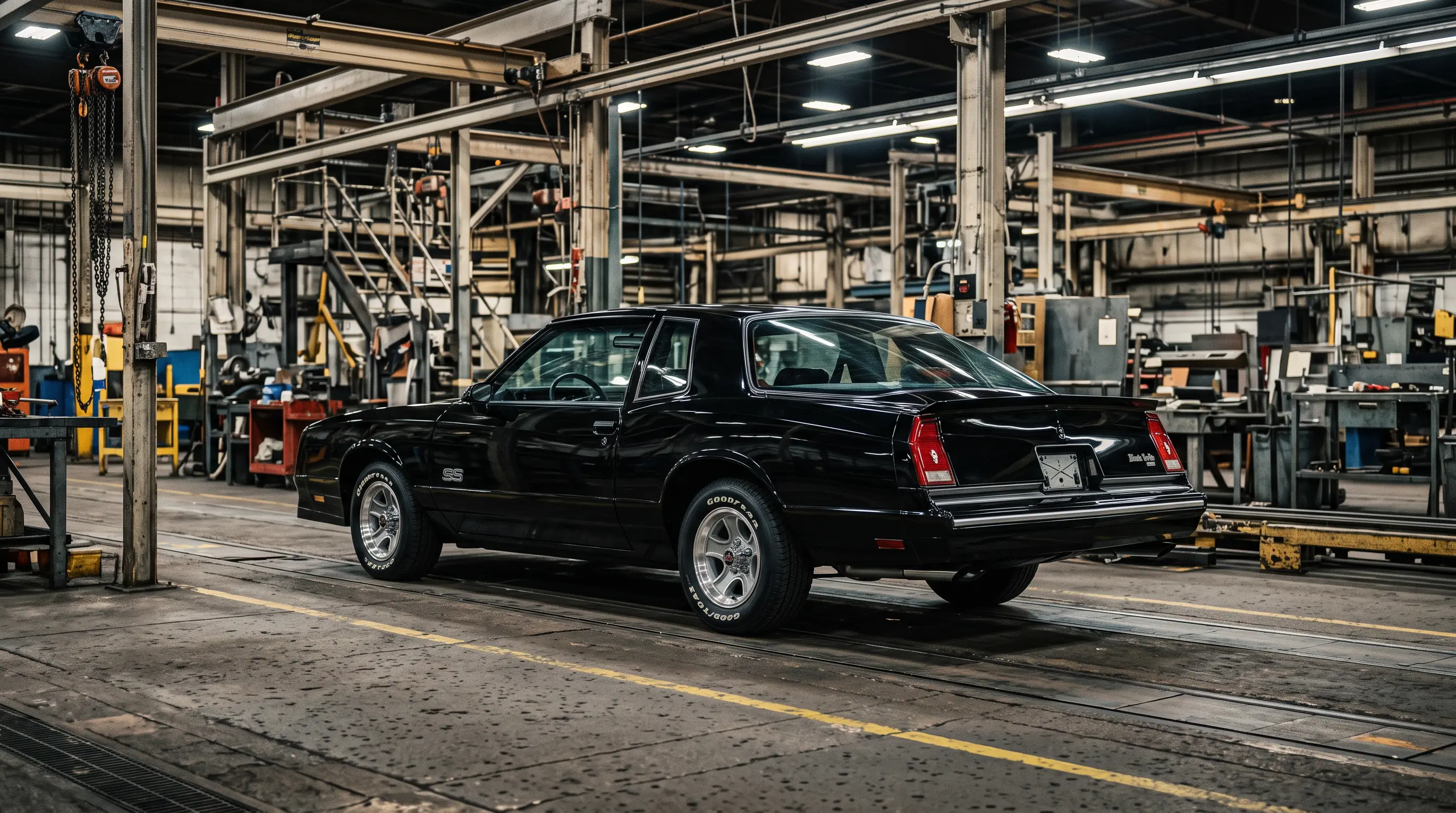 Black 1986 Chevrolet Monte Carlo Aerocoupe under dramatic industrial lighting