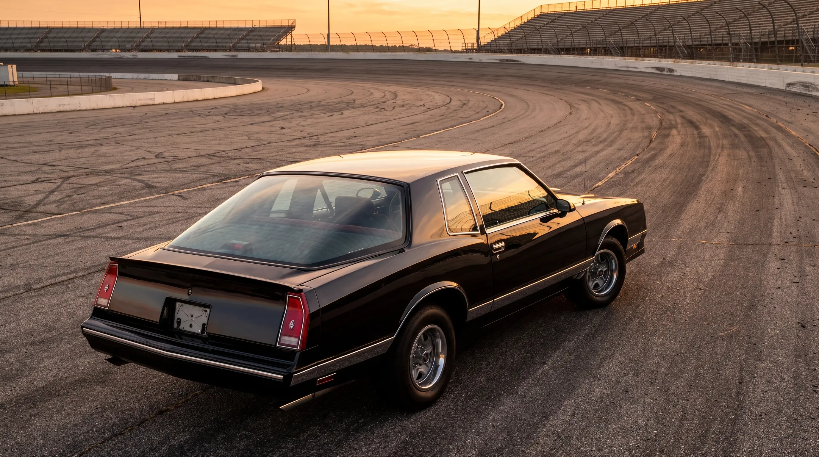 Black 1986 Chevrolet Monte Carlo Aerocoupe with sloped fastback glass on a speedway at sunset