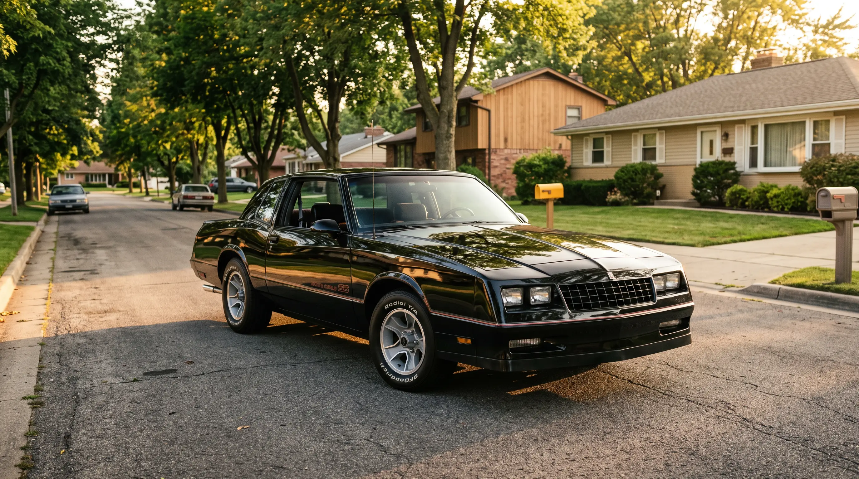 Black 1986 Chevrolet Monte Carlo SS parked on a suburban street at golden hour