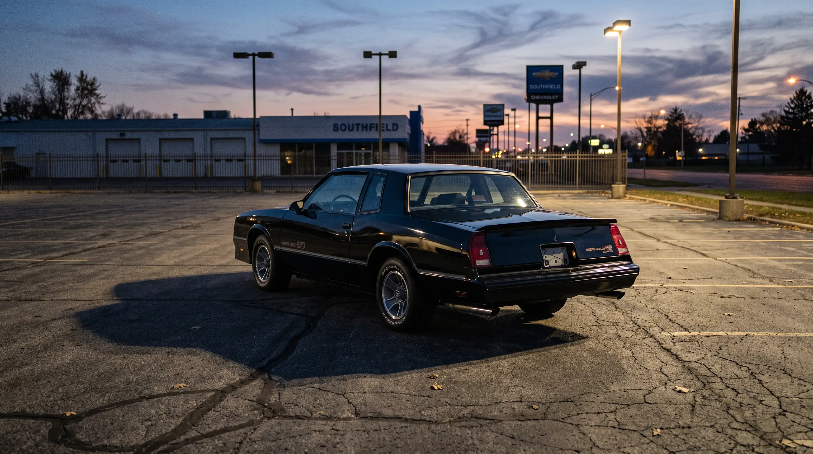 Black 1988 Chevrolet Monte Carlo SS parked alone in an empty dealership lot at dusk
