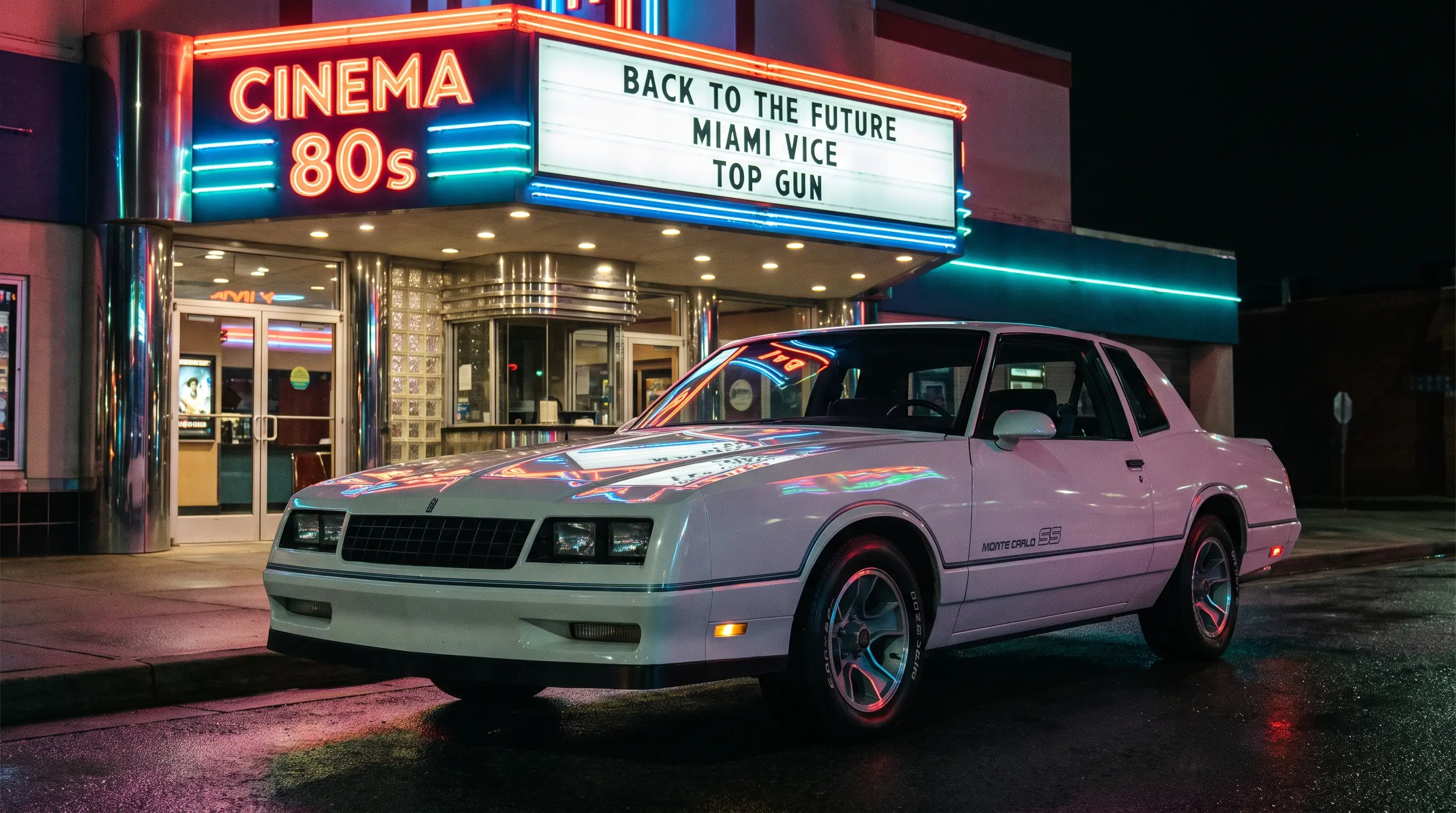 White 1986 Chevrolet Monte Carlo SS outside a neon lit eighties movie theater