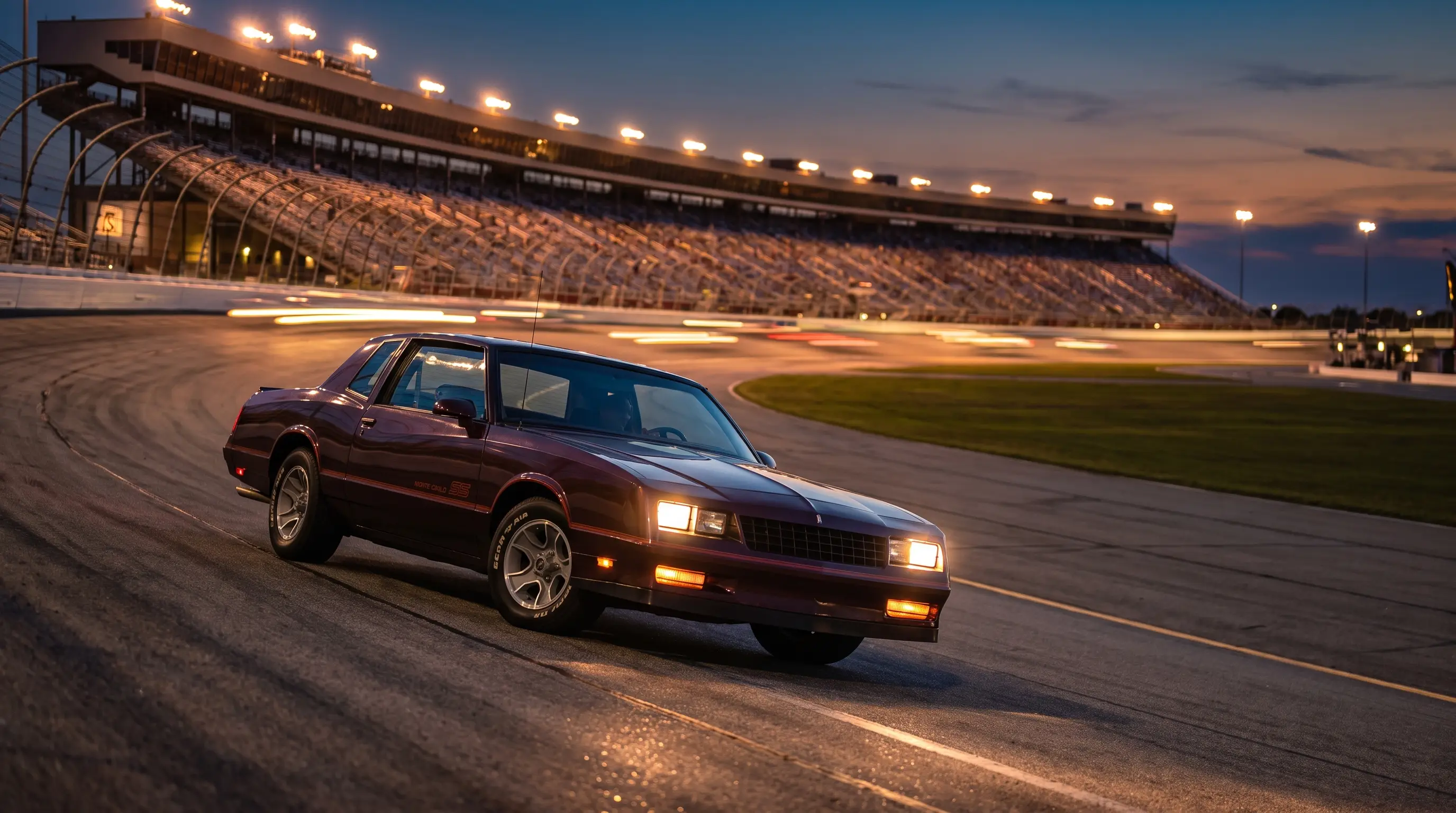 1986 Chevrolet Monte Carlo SS on a banked NASCAR speedway at dusk under floodlights
