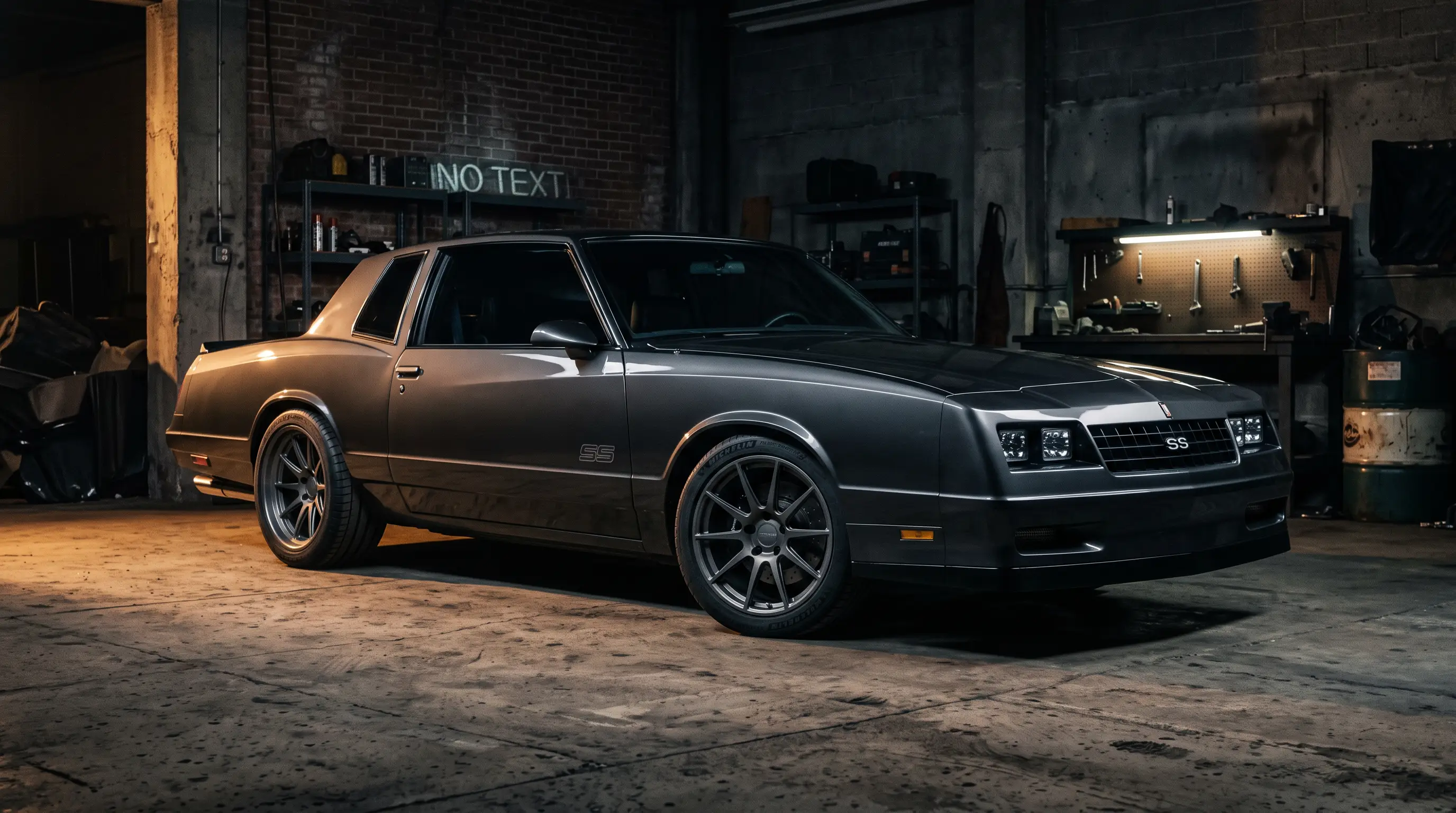 Restomodded 1986 Chevrolet Monte Carlo SS in charcoal paint in a moody garage