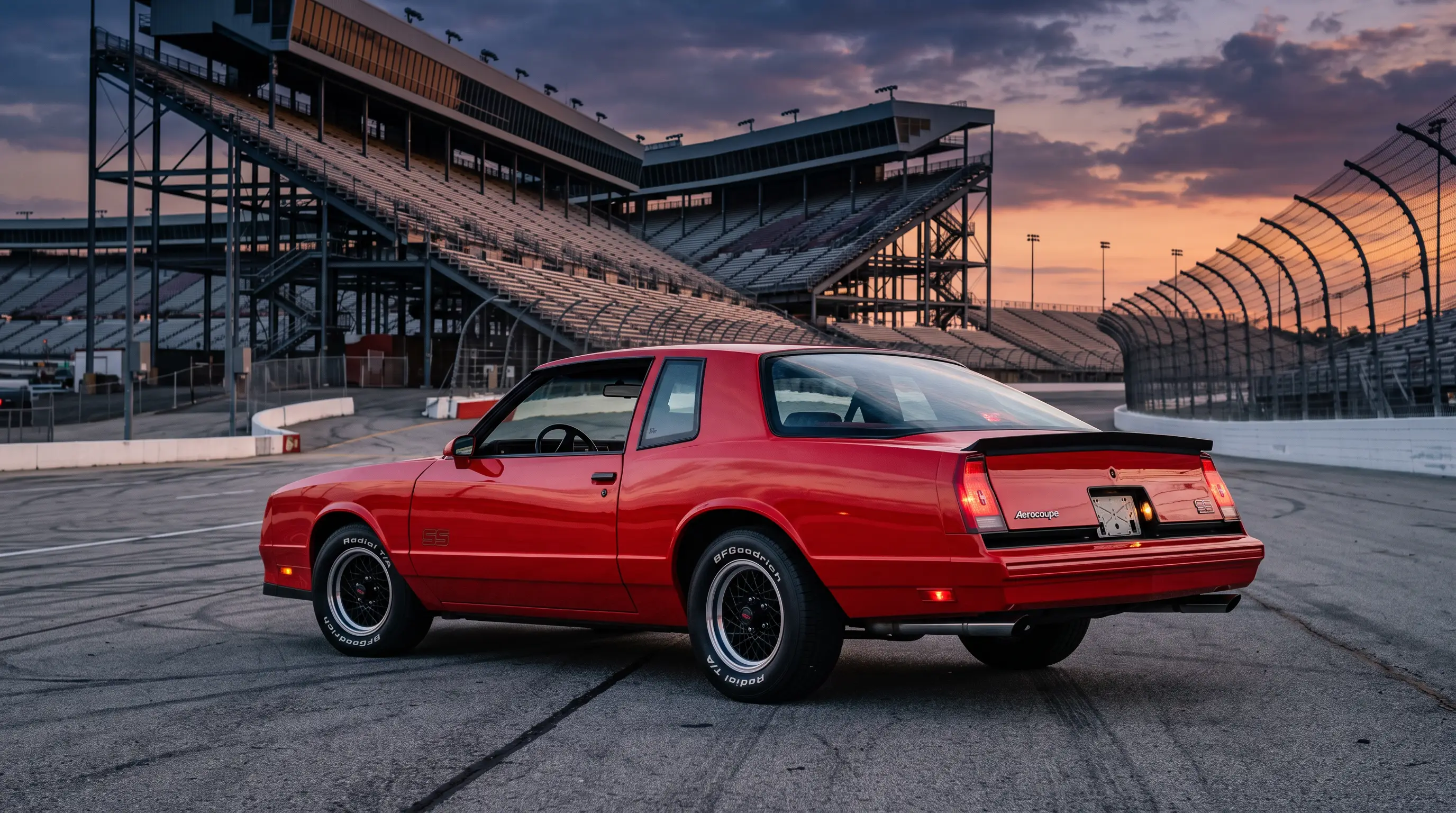 Red 1987 Monte Carlo SS Aerocoupe at a NASCAR speedway grandstand at dusk
