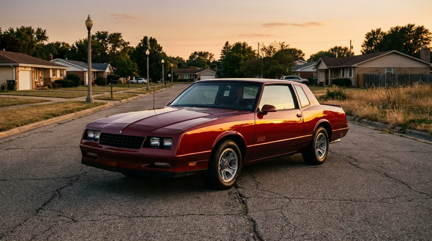 Dark red 1986 Chevrolet Monte Carlo SS parked at golden hour three quarter angle