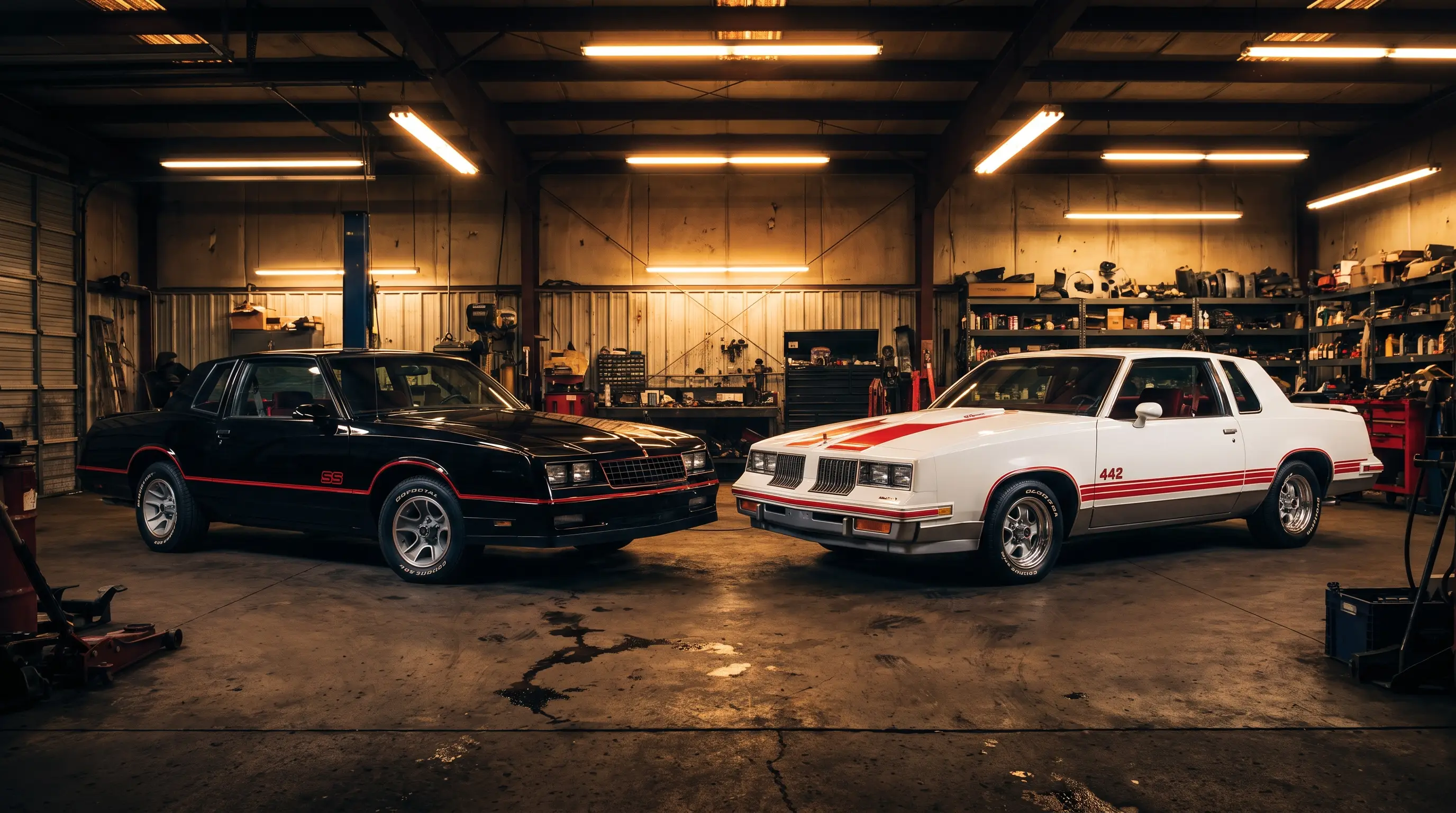 Black Monte Carlo SS and white Cutlass 442 parked side by side in a garage