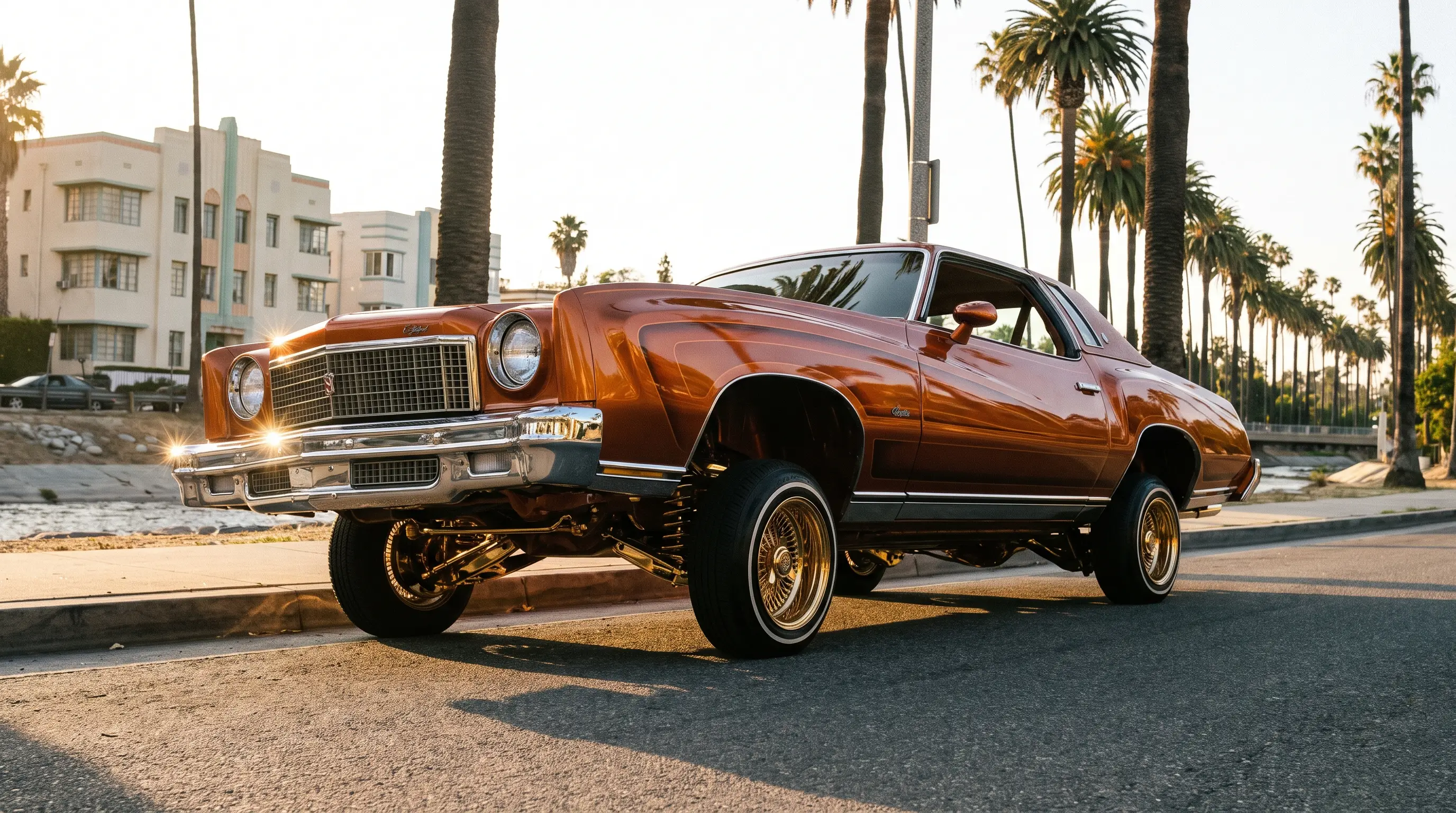 Colonnade Chevrolet Monte Carlo lowrider with gold hydraulics at golden hour on a boulevard