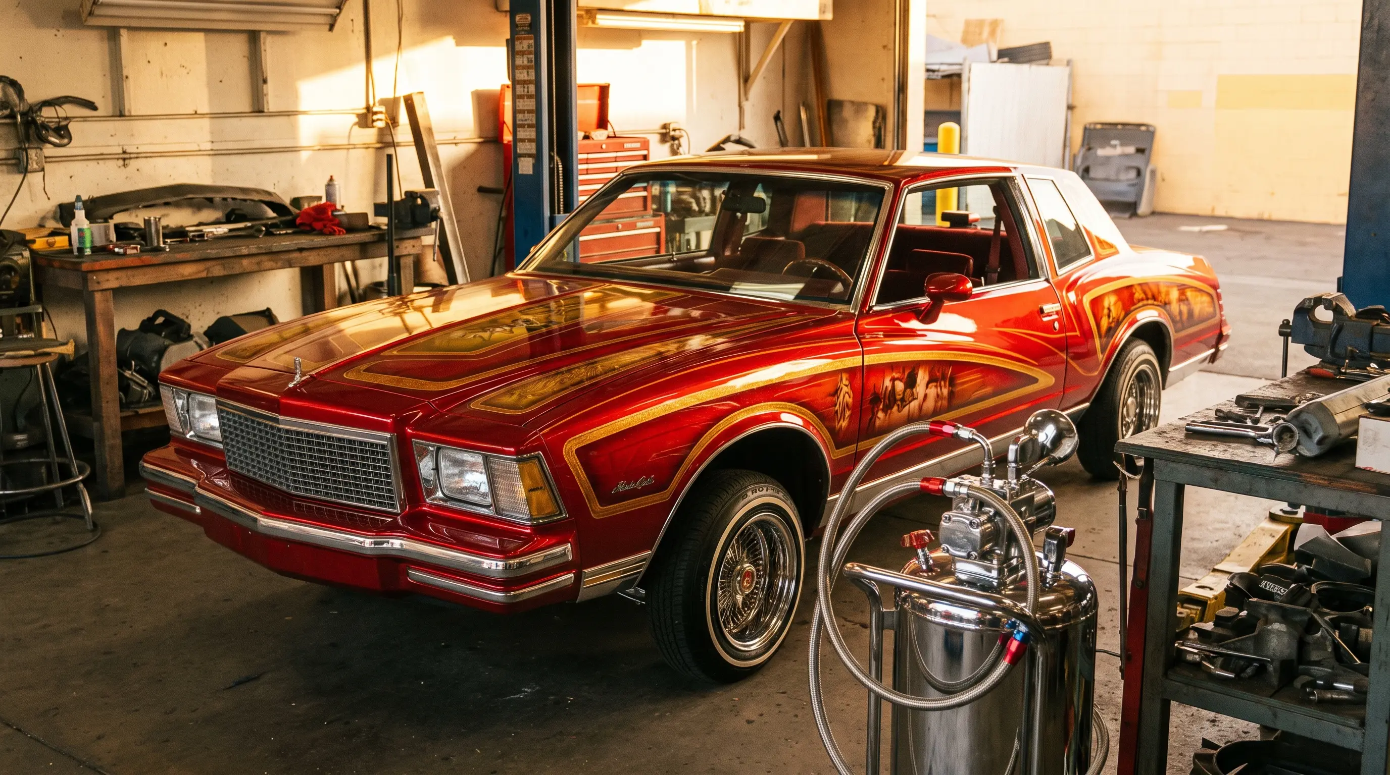 Painted lowrider Chevrolet Monte Carlo in a garage with tools and hydraulic pump visible