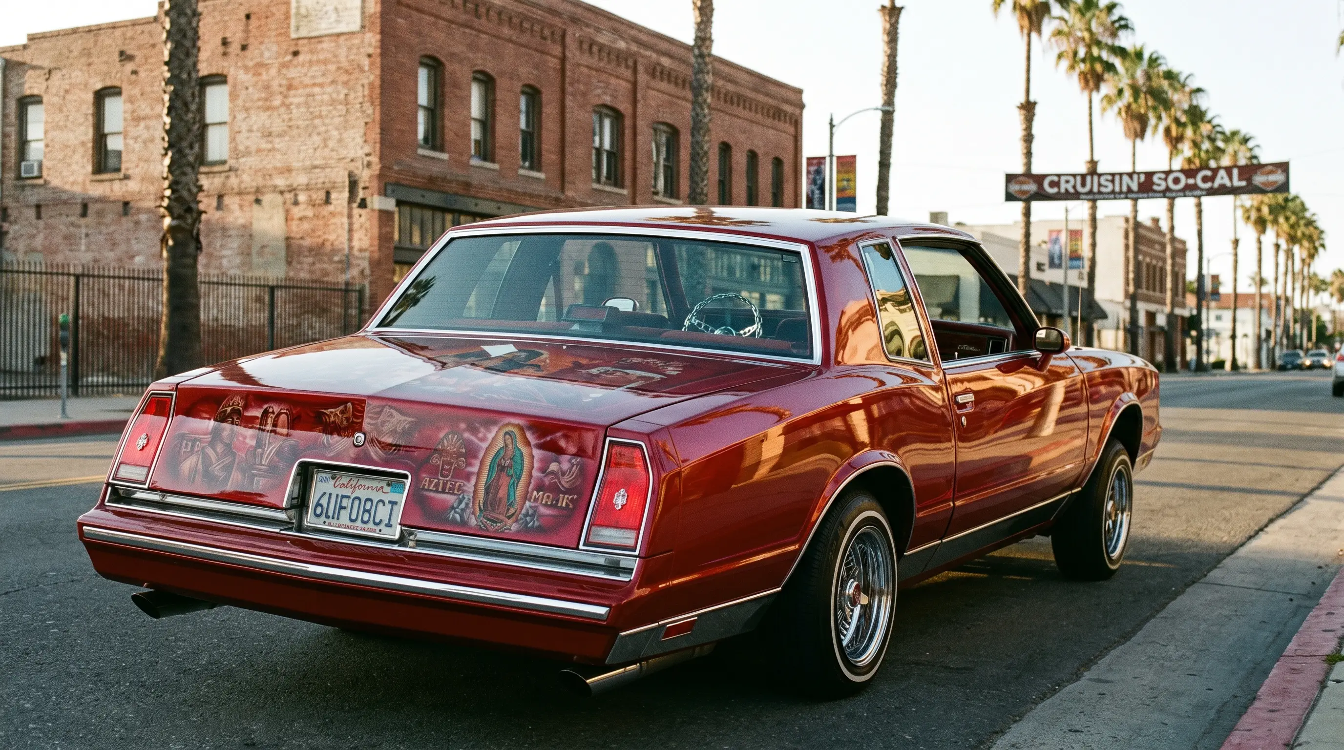 Candy apple red lowrider Chevrolet Monte Carlo with mural on the trunk lid at golden hour