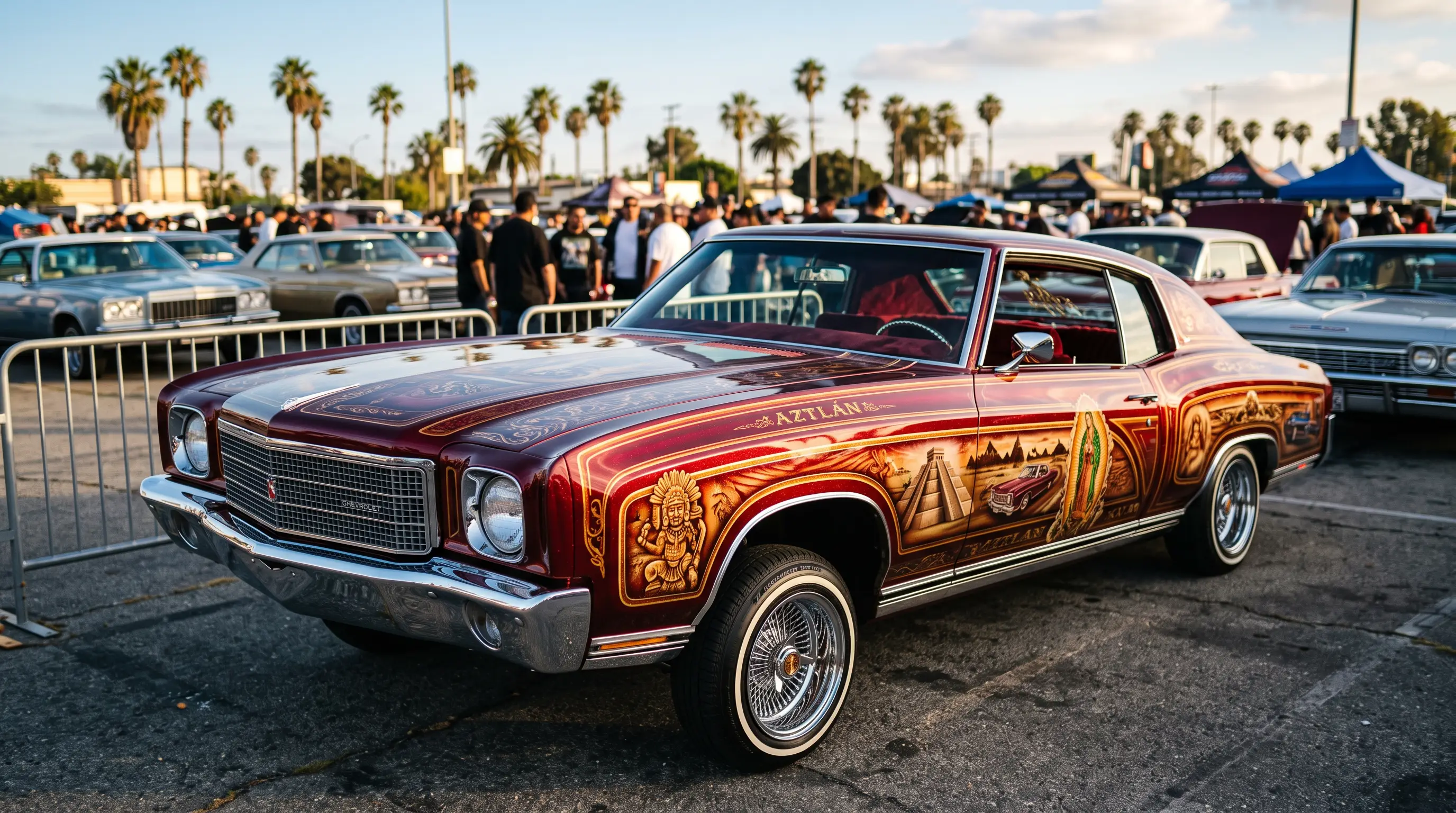 Candy paint lowrider Chevrolet Monte Carlo with ornate mural at a community car show