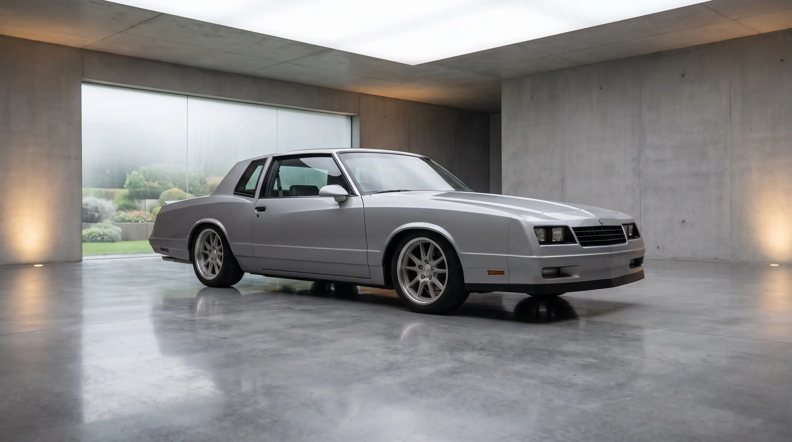 Clean silver Euro style Monte Carlo lowrider parked in a polished private garage