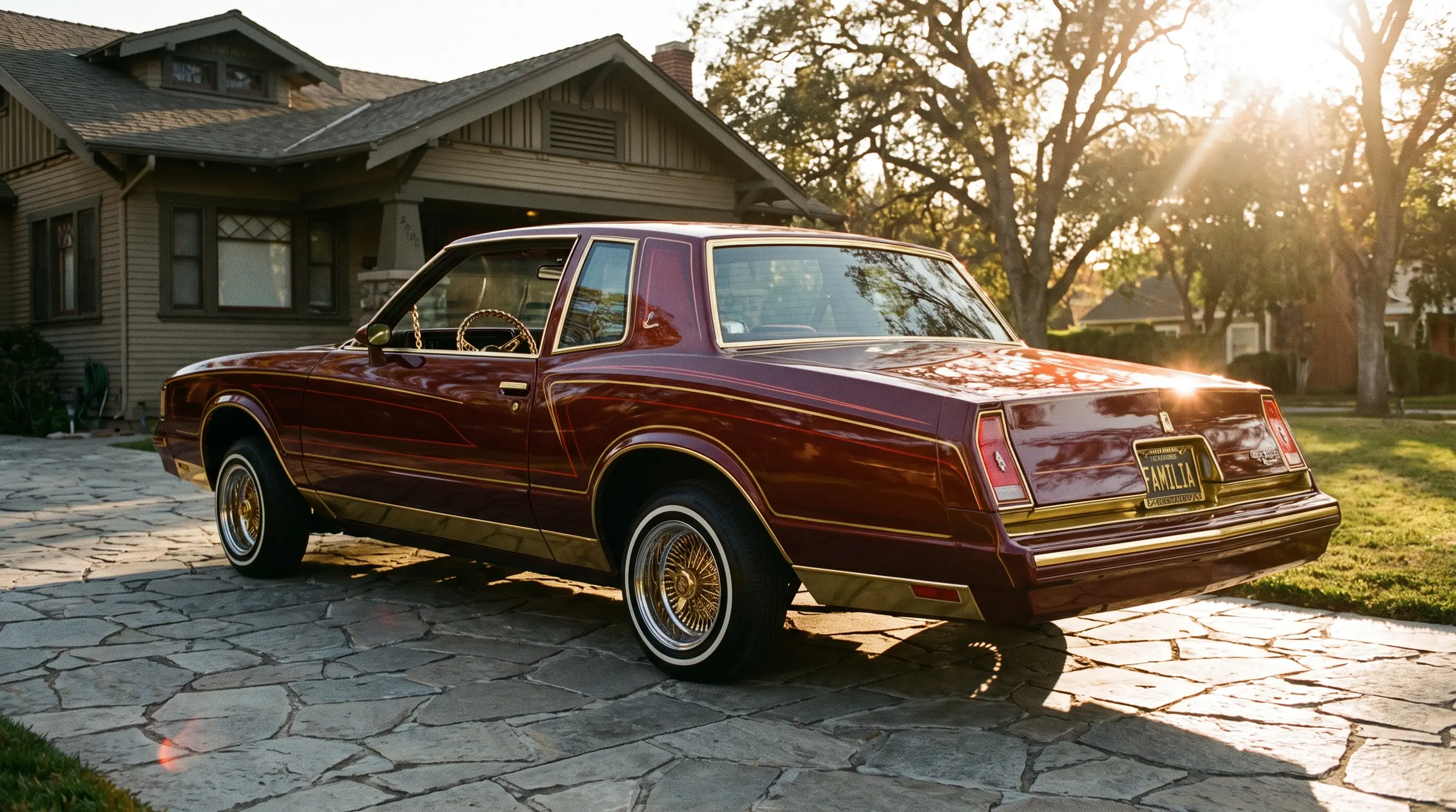 Maroon candy paint lowrider Monte Carlo with gold trim in a driveway at golden hour
