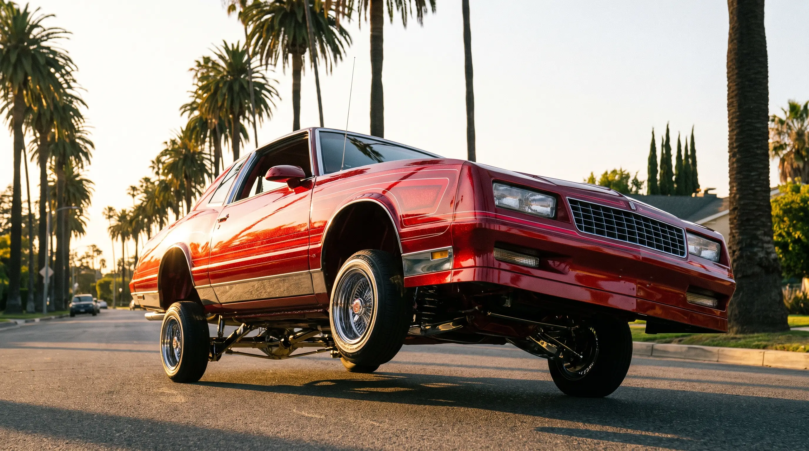 1980s G body Chevrolet Monte Carlo lowrider tilted on hydraulics at sunset