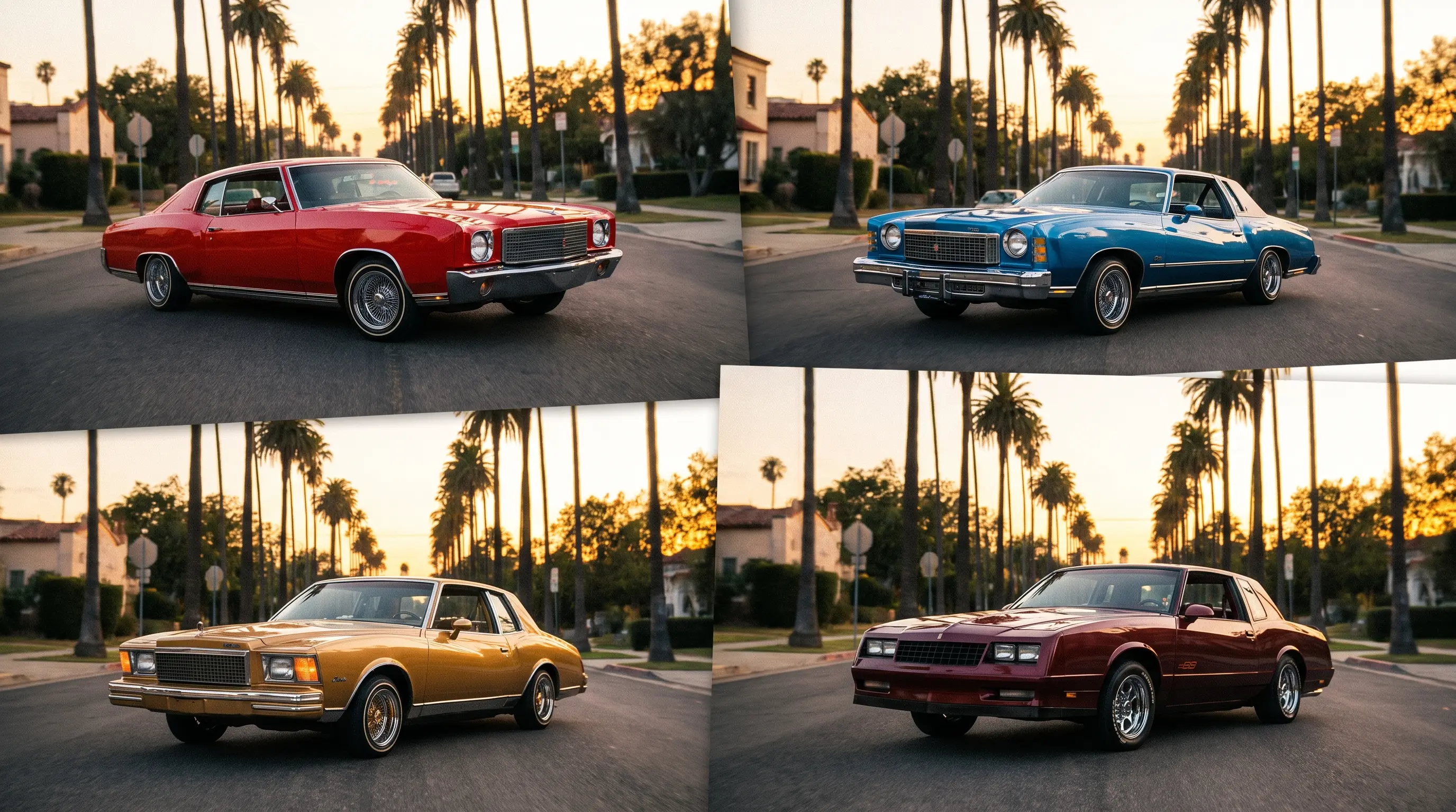 Four generations of lowrider Chevrolet Monte Carlo coupes cruising a sunset boulevard