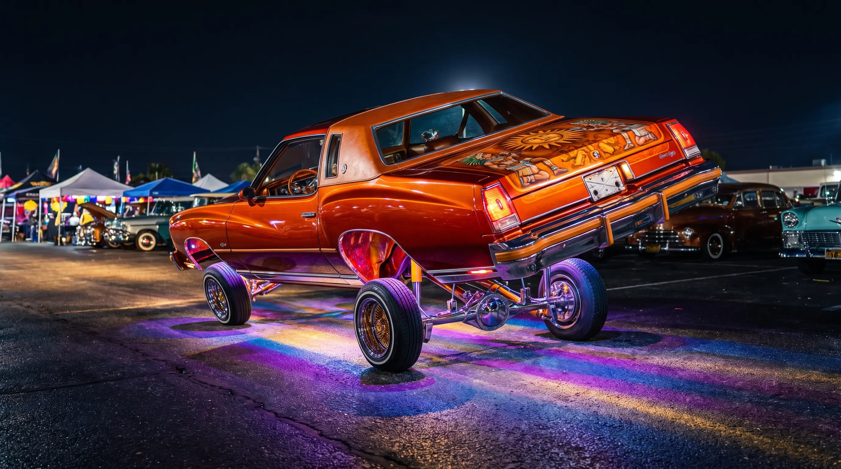 Candy orange muraled Monte Carlo lowrider hopping under colorful night show lights