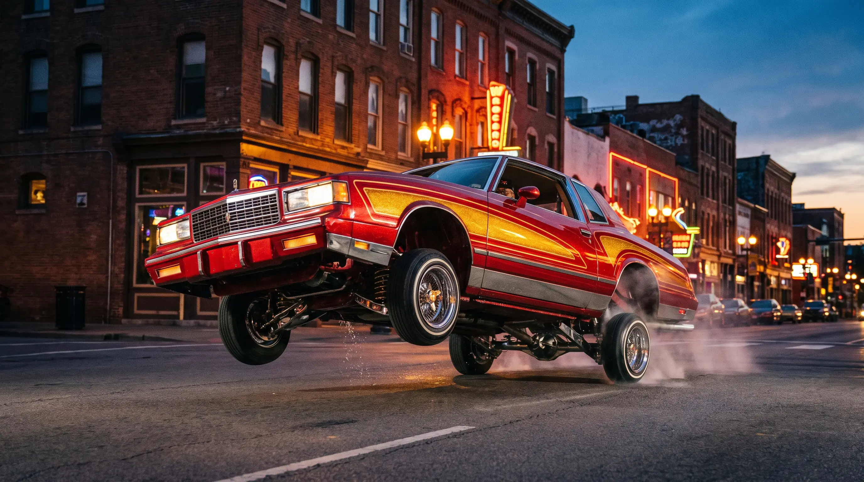 Candy painted lowrider Monte Carlo mid hop on hydraulics at dusk