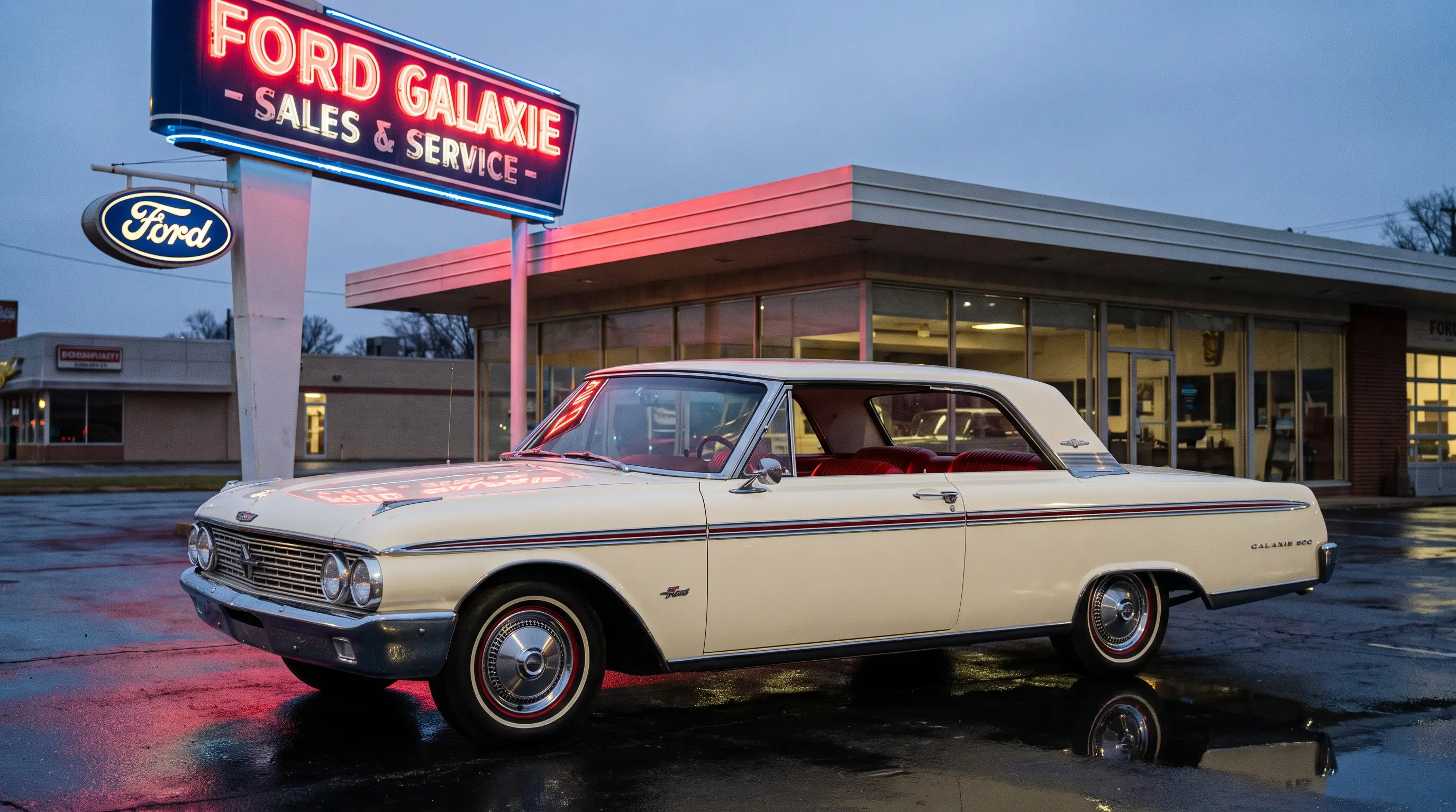 Cream 1962 Ford Galaxie 500 XL parked under a neon dealership sign