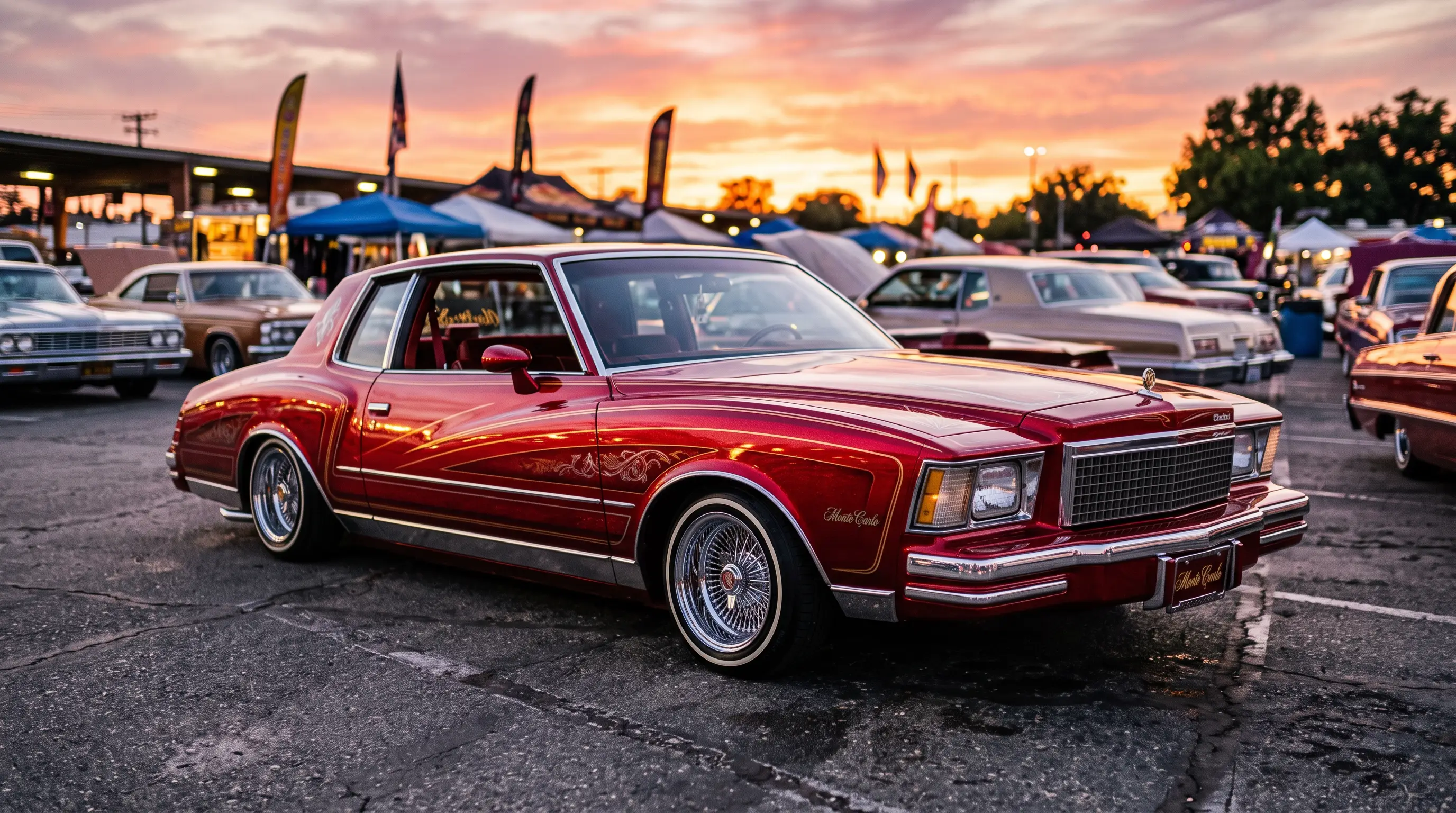 Classic lowrider Monte Carlo with chrome wire wheels at a car show during sunset