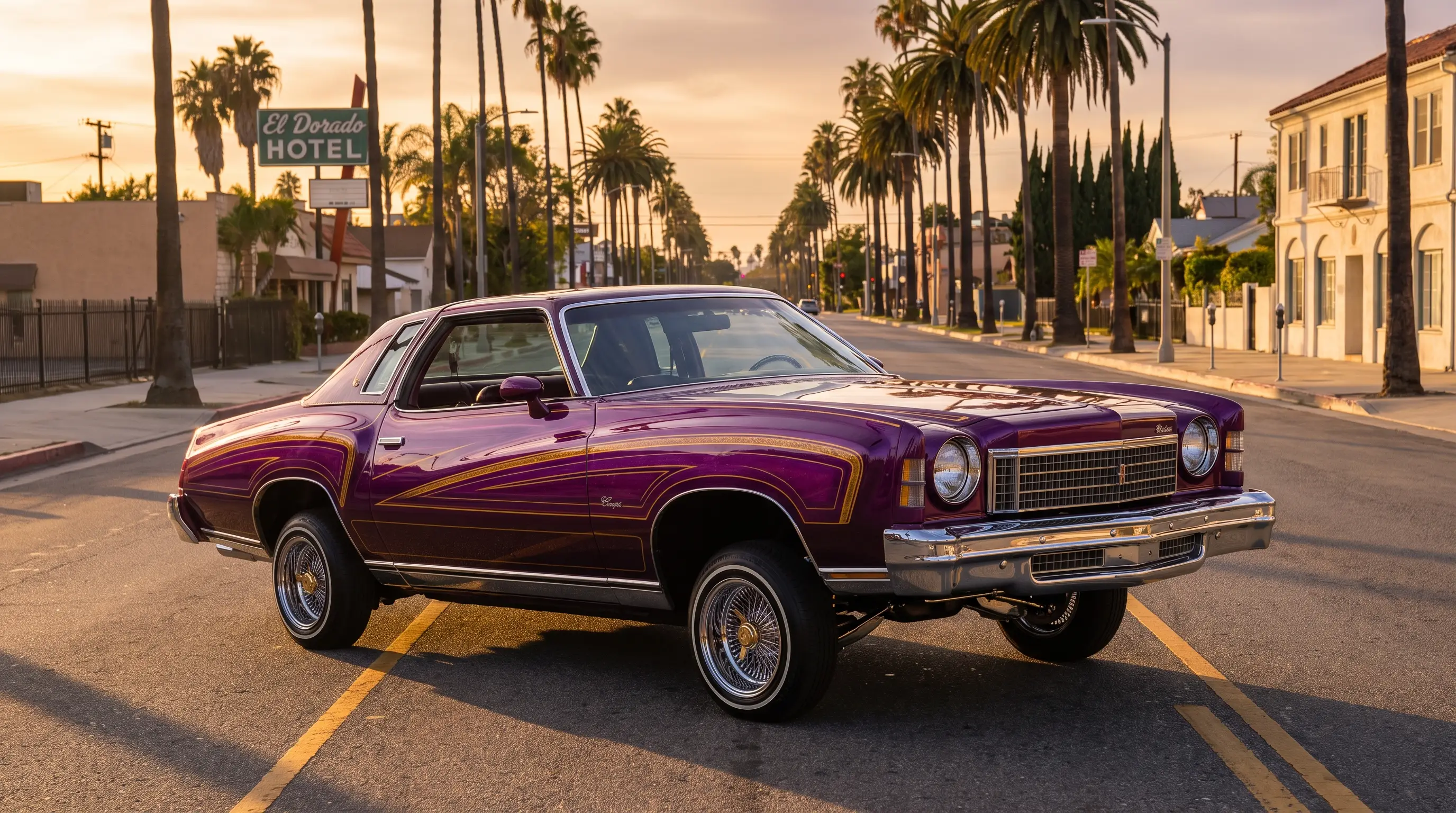 Candy purple lowrider Monte Carlo with gold pinstripes and wire wheels at golden hour